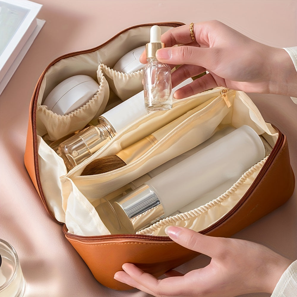 Women's Waterproof PU Leather Cosmetic Bag - Spacious Organizer with Dividers & Handle