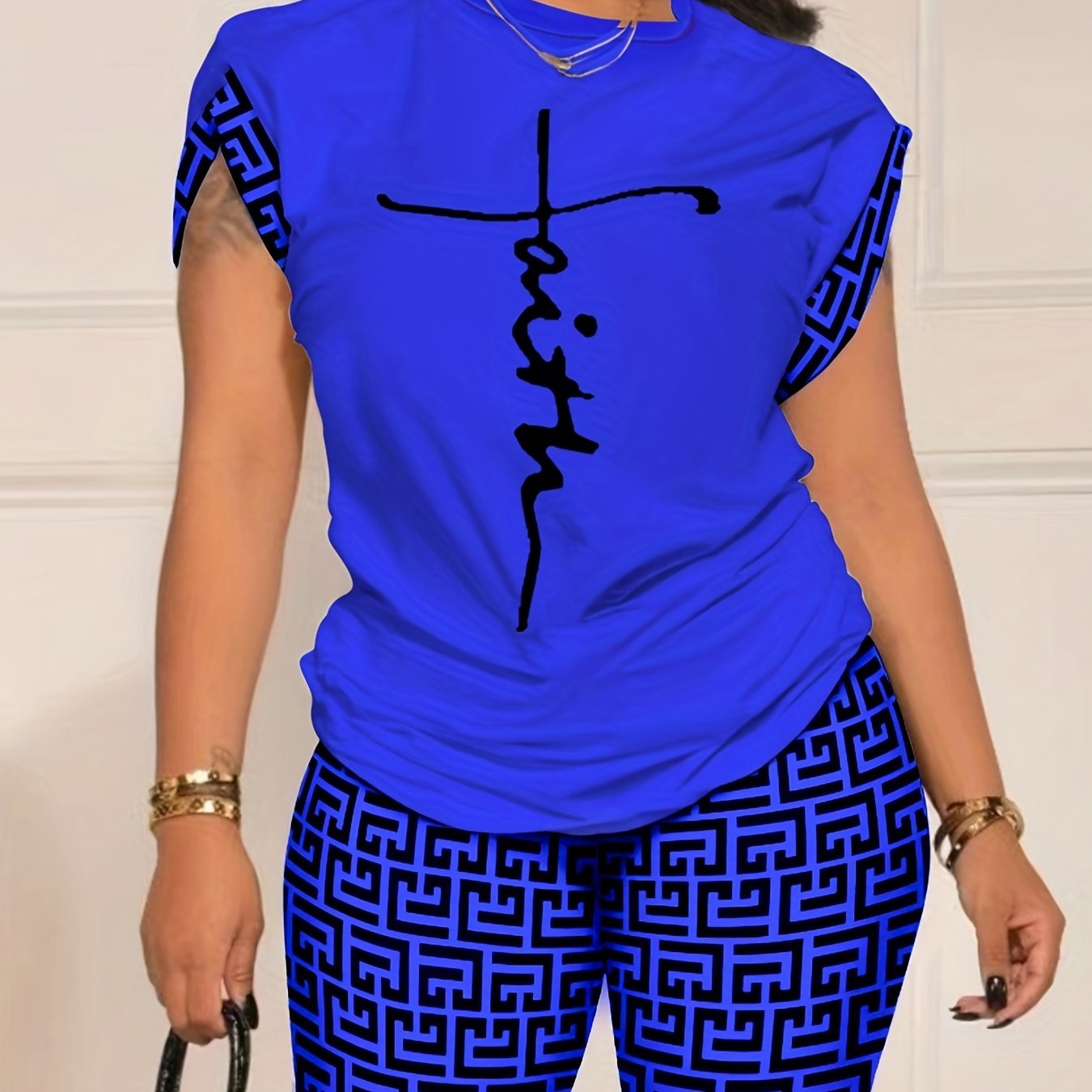 Two-Piece Geo Print Matching Set - Casual Short Sleeve Crew Neck T-Shirt & Biker Shorts Outfit - Polyester Knit Fabric, Mid Elasticity, Positioning Printing, All Seasons, Regular Fit