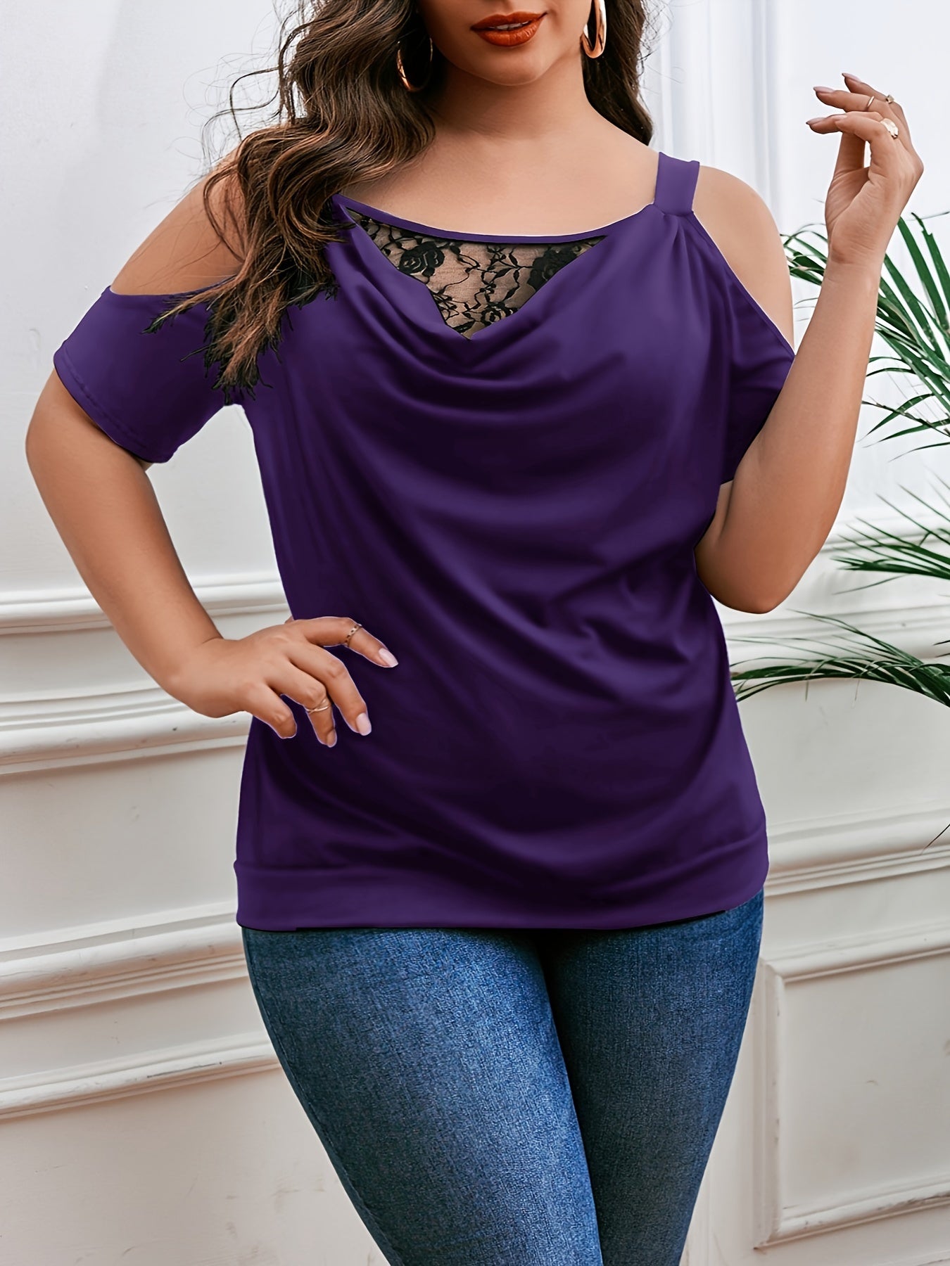 Plus Size Elegant T-shirt - Flattering Fit, Trendy Cold Shoulder, Exquisite Lace Trim, Chic Cowl Neck, Ruched Details for a Slimming Effect - Designed for Women