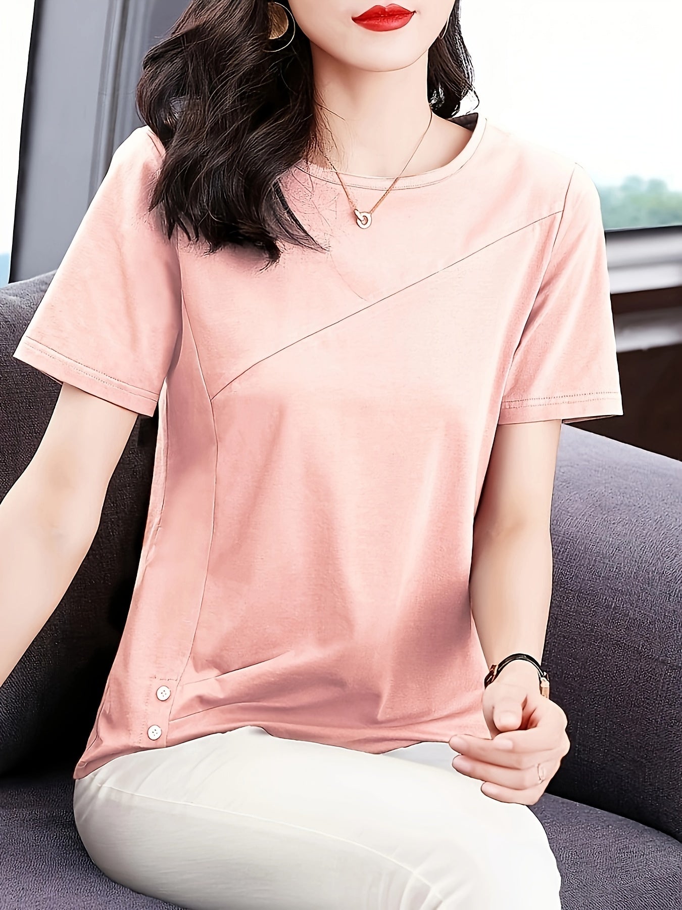 Versatile Crew Neck Solid Color Short Sleeve T-shirt - Soft Polyester Fabric, Classic Casual Style, Regular Length, No Elasticity, No Printing, Suitable for All Seasons - Womens Essential Wardrobe Staple