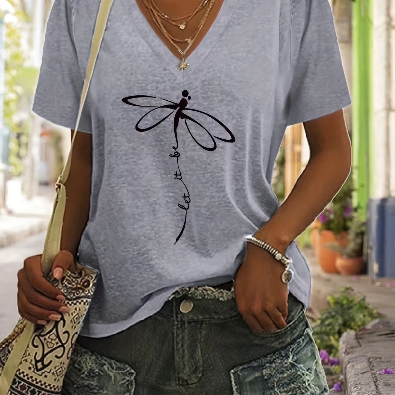 Stylish Dragonfly & Letter Print V Neck Short Sleeve T-shirt - Soft Micro Elasticity Polyester Fabric, Loose Fit, Anime Pattern, Pullover Style - Perfect for Spring, Summer, and Fall Casual Wear