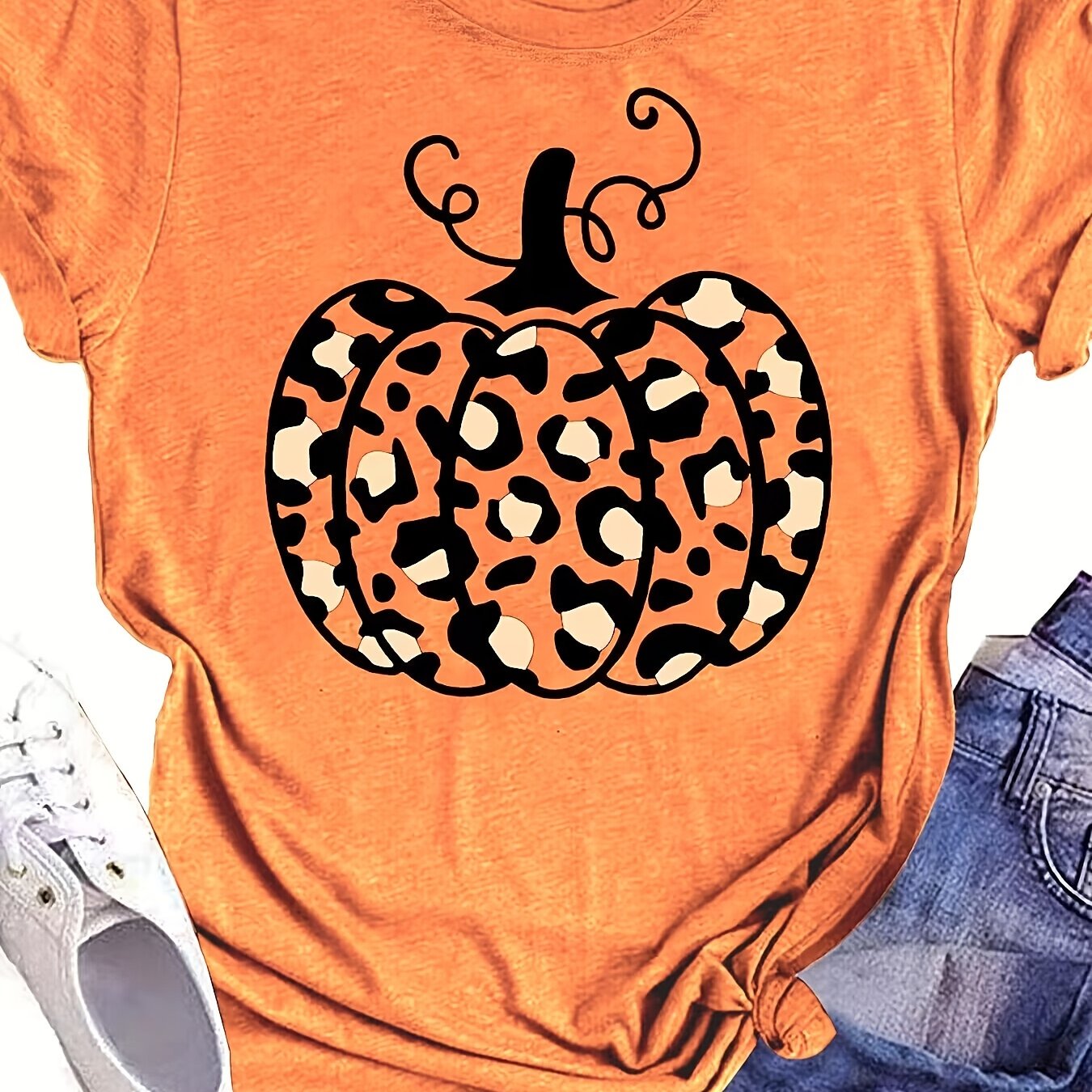 Leopard Pumpkin Print T-shirt, Casual Crew Neck Short Sleeve T-shirt, Women's Clothing