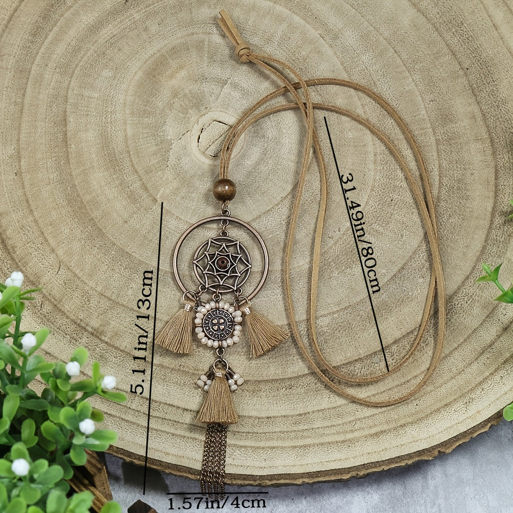 Brown Boho Ladies Pendant Necklace 1 Round Hollow Pendant Set With Rhinestone And Khaki Chain Tassel Jewelry