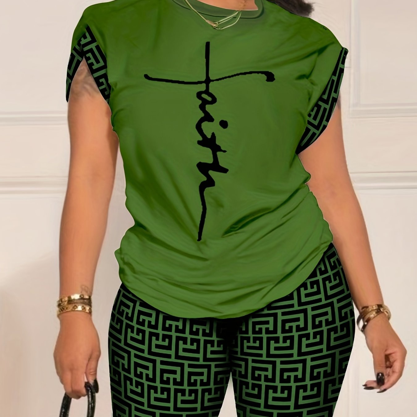 Two-Piece Geo Print Matching Set - Casual Short Sleeve Crew Neck T-Shirt & Biker Shorts Outfit - Polyester Knit Fabric, Mid Elasticity, Positioning Printing, All Seasons, Regular Fit