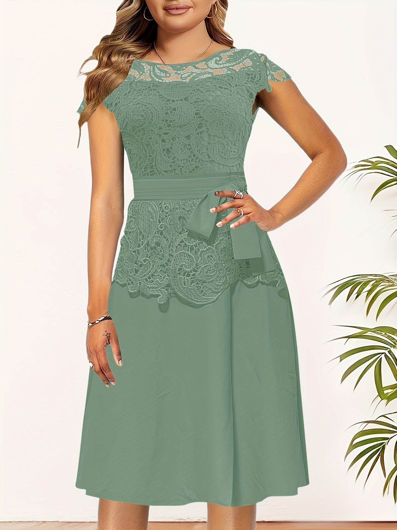 Women's Elegant Contrast Lace Panel A-Line Dress - Round Neck Short Sleeve Flared Skirt, Machine Washable Solid Black for Spring/Fall Casual & Formal Occasions, Spring Fall Attire, Sophisticated Tailoring