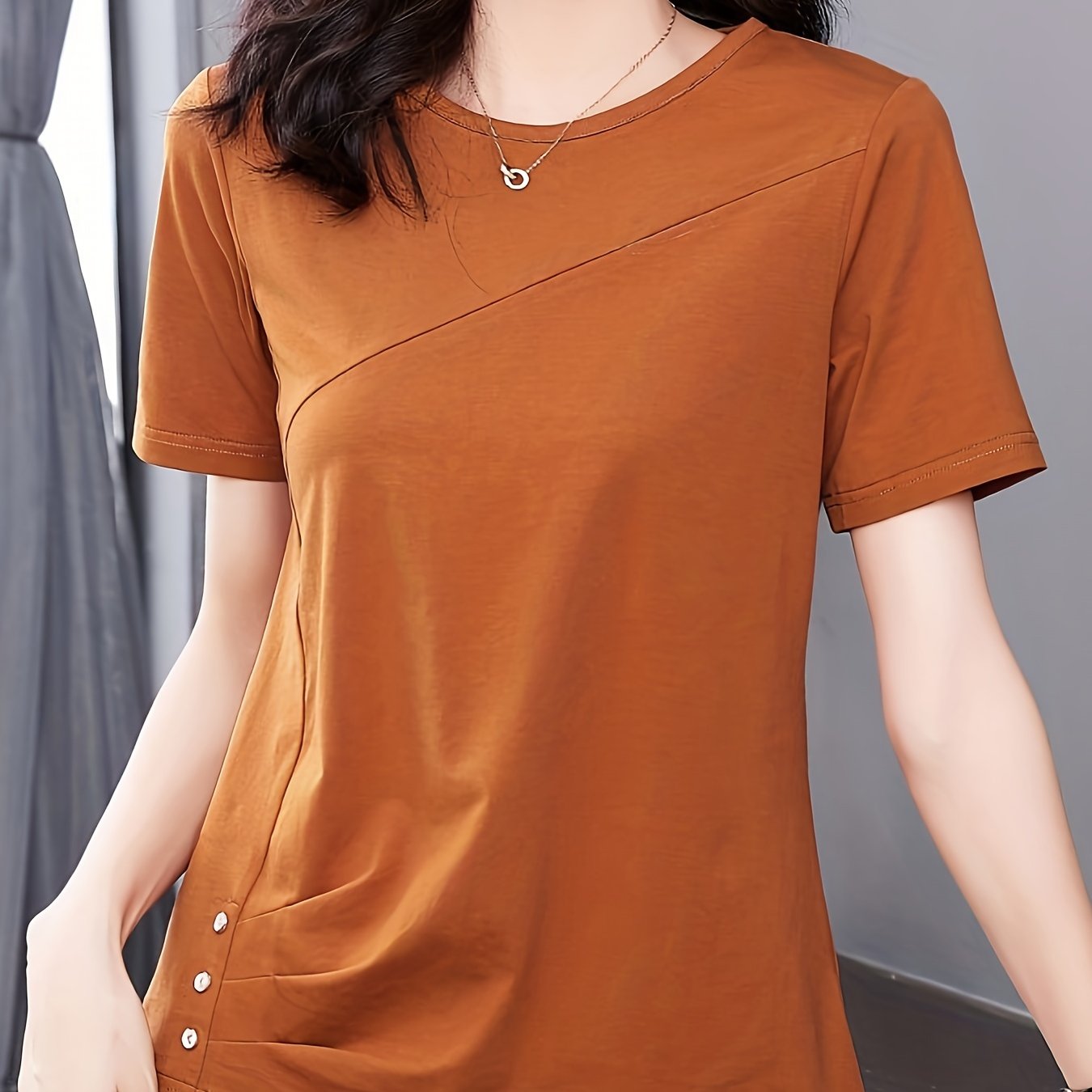 Versatile Crew Neck Solid Color Short Sleeve T-shirt - Soft Polyester Fabric, Classic Casual Style, Regular Length, No Elasticity, No Printing, Suitable for All Seasons - Womens Essential Wardrobe Staple
