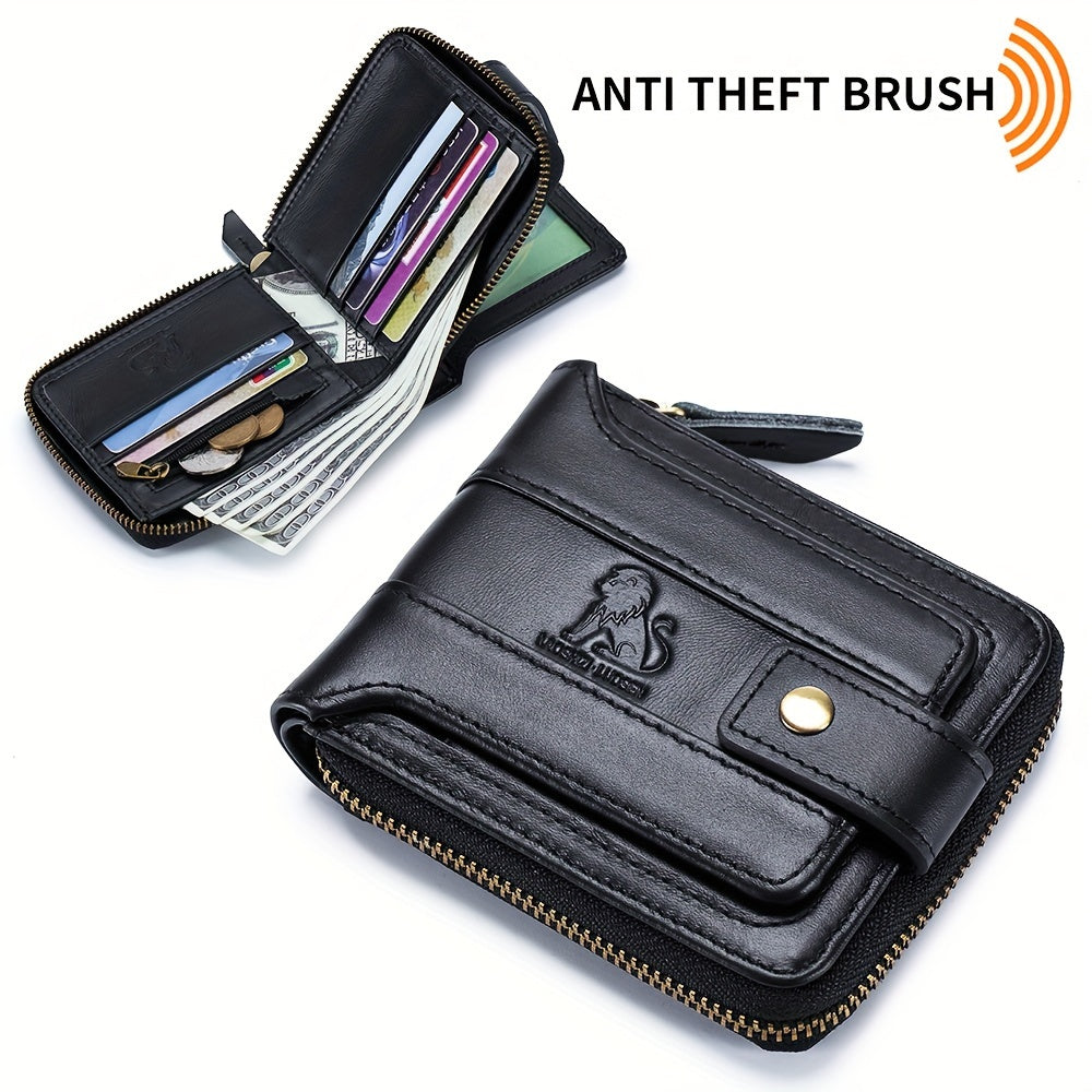 Men's Retro Genuine Leather Multi-Card Wallet with Zip, Large Capacity, Anti-Theft