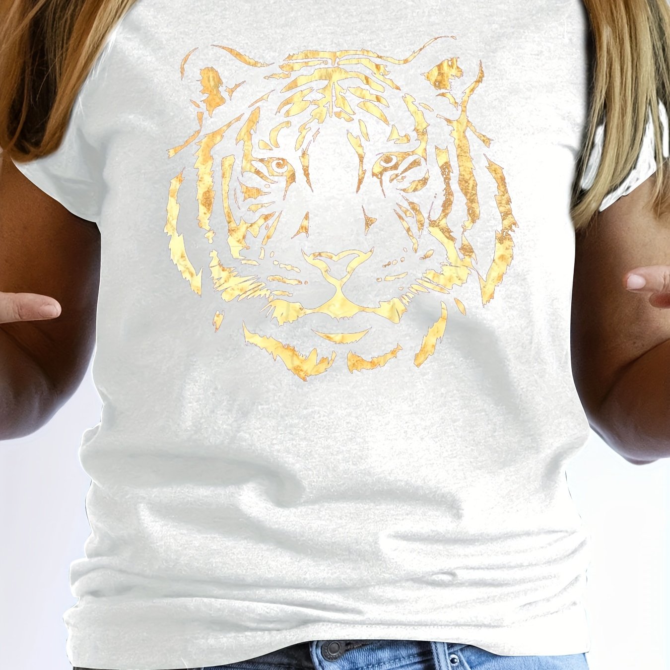 Vibrant Tiger Print Crew Neck T-Shirt - Soft, Breathable, Short Sleeve Top for Spring & Summer - Women's Casual Clothing for Everyday Wear, Relaxed Fit, Perfect for Outdoor Activities