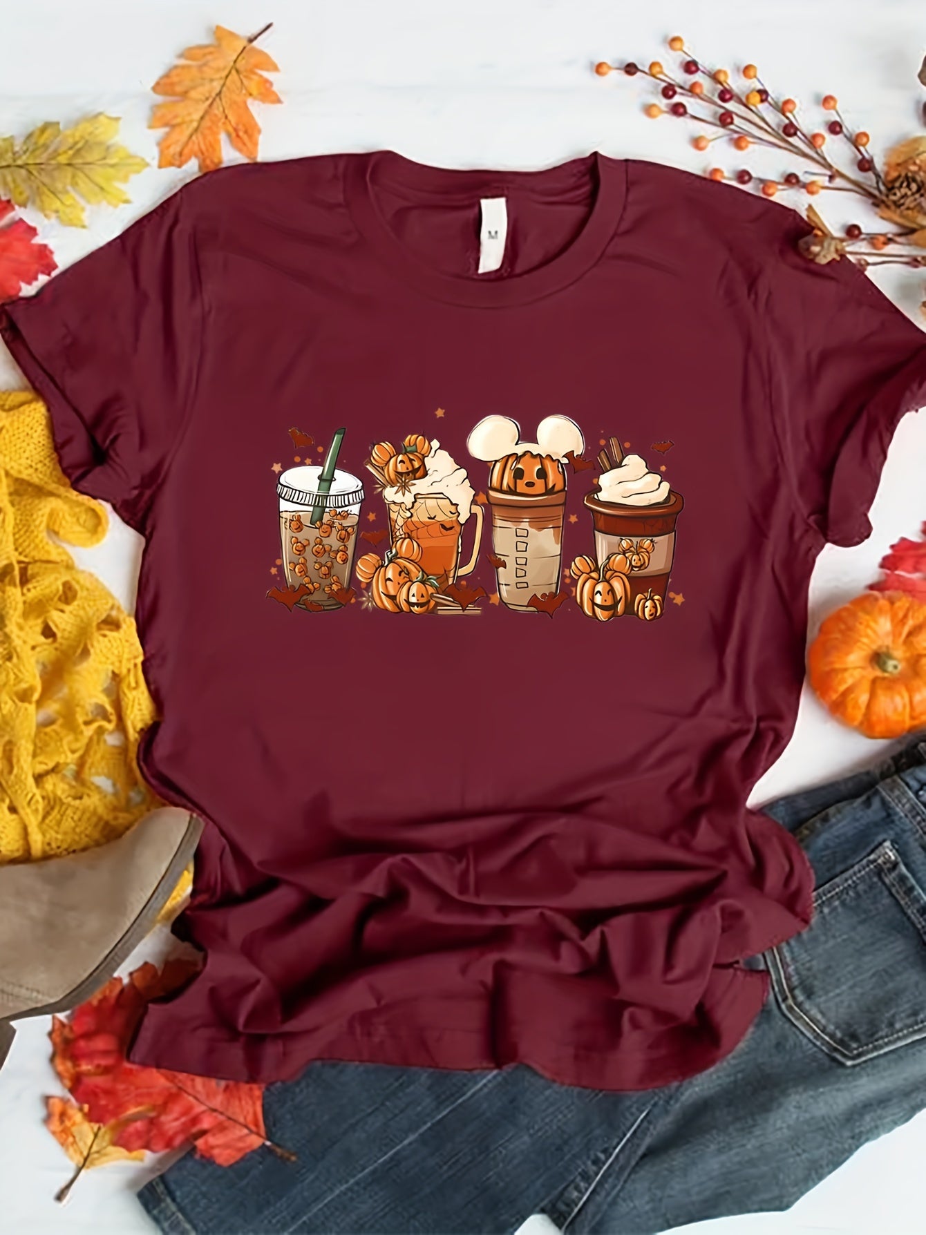 Halloween Drinking Print Summer T-shirt, Casual Short Sleeve Crew Neck Tee, Women's Clothing
