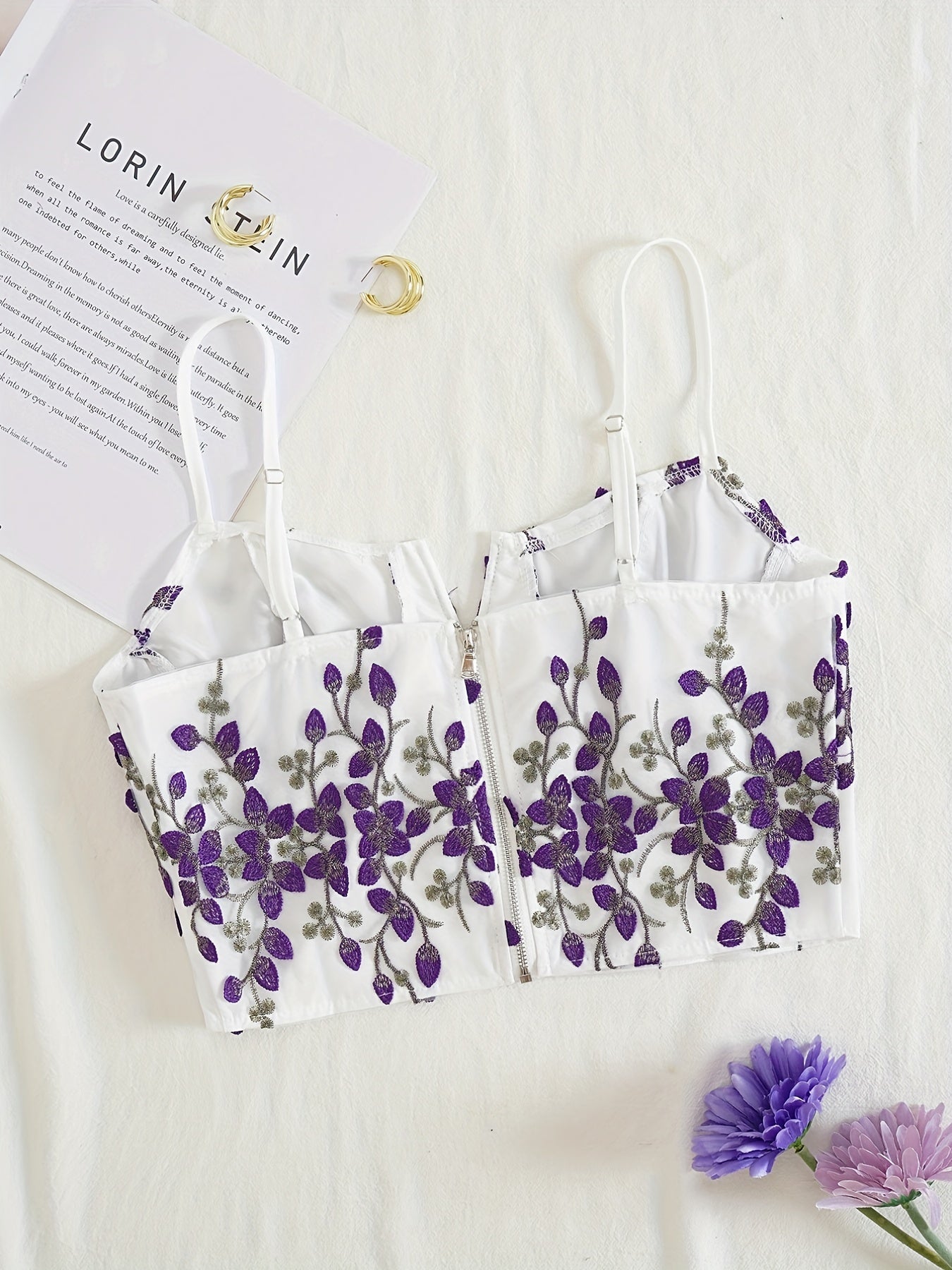 Vibrant Coquette Floral Embroidery V-Neck Slingback Tank Top - Elegant Summer Essential with Chain Details, Non-Stretch Polyester Fabric, Hand Wash Only, Solid Color Random Printing - Perfect for Young Women
