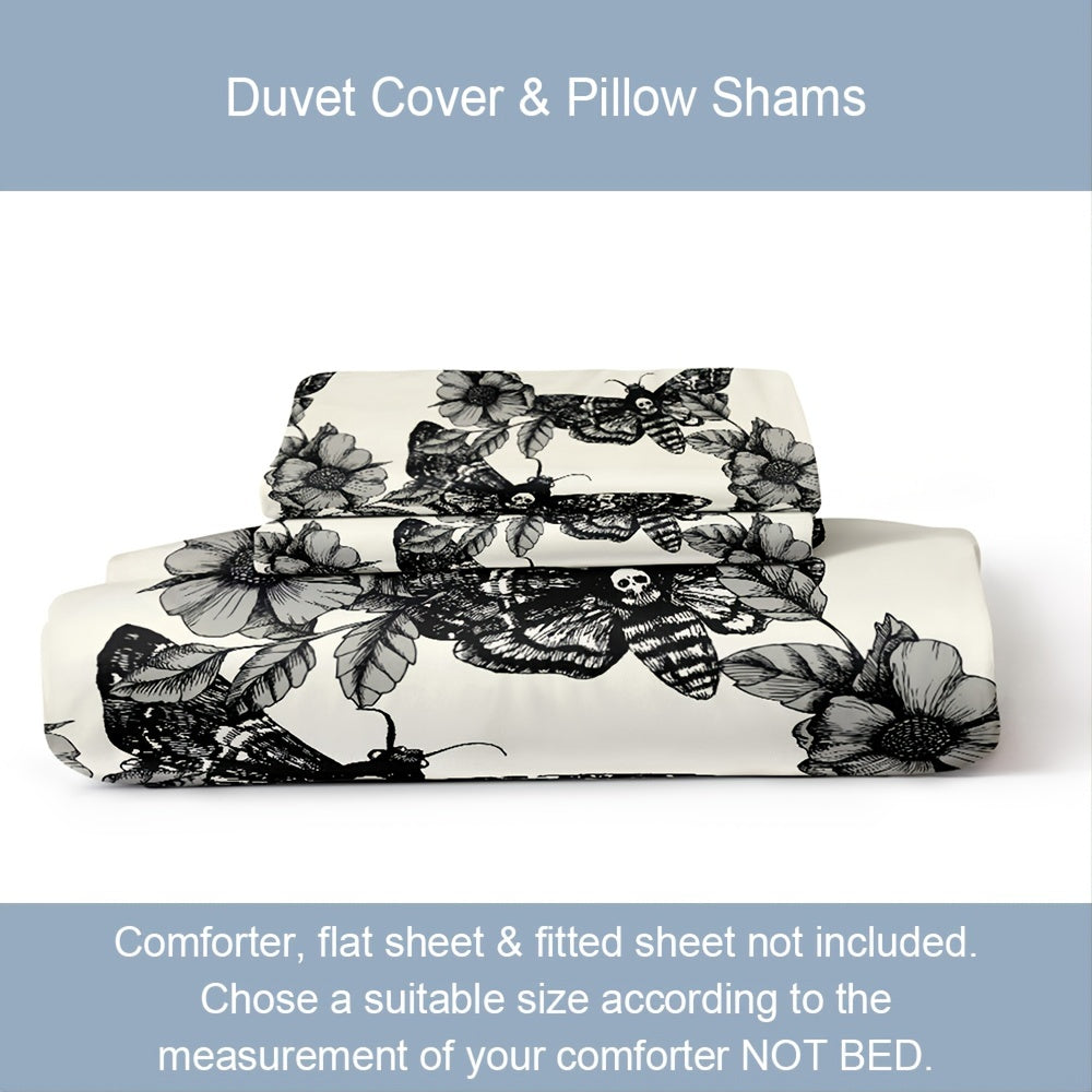 3pcs/set Death's Head Moth and Flower Duvet Cover Set - Soft, Cozy, and Comfortable Bedding with 1pc Duvet Cover and 2pcs Pillowcases for a Peaceful Sleep