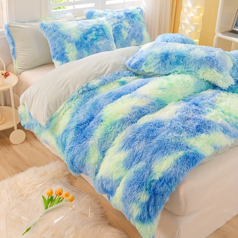 3pcs Y2K Tie Dye Plush Duvet Cover Set ( 1 Duvet Cover + 2 Pillowcase), Soft & Warm Bedding Set