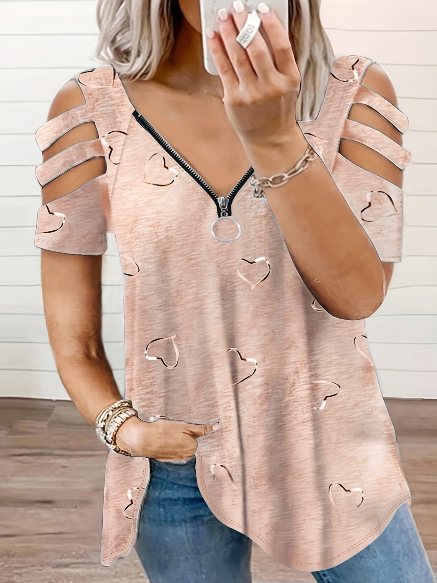 Women's Casual V-Neck Zip-Up T-Shirt with Unique Asymmetrical Geometric Print, Short Sleeves - Lightweight Polyester Blend, Perfect for Spring/Summer/Fall, Autumn Casualwear | Vneck Top | Smooth Fabric