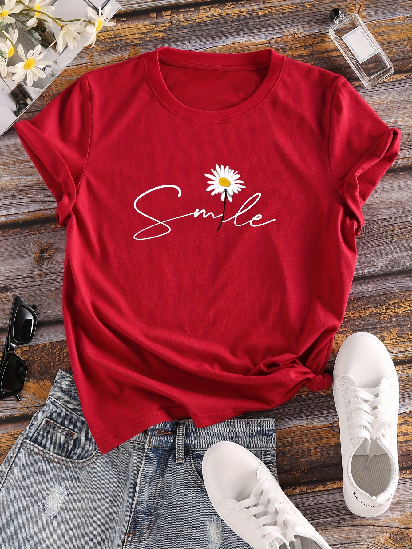 Vibrant Flower & Letter Print Crew Neck T-Shirt - Relaxed Fit, Short Sleeve, Classic Style - Perfect for Spring and Summer, Womens Casual Clothing