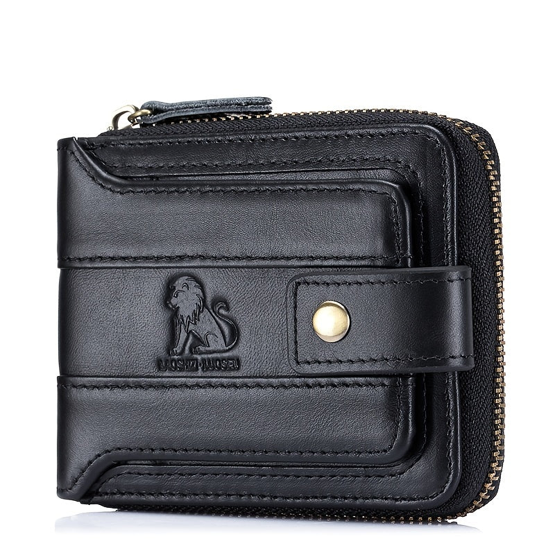 Men's Retro Genuine Leather Multi-Card Wallet with Zip, Large Capacity, Anti-Theft
