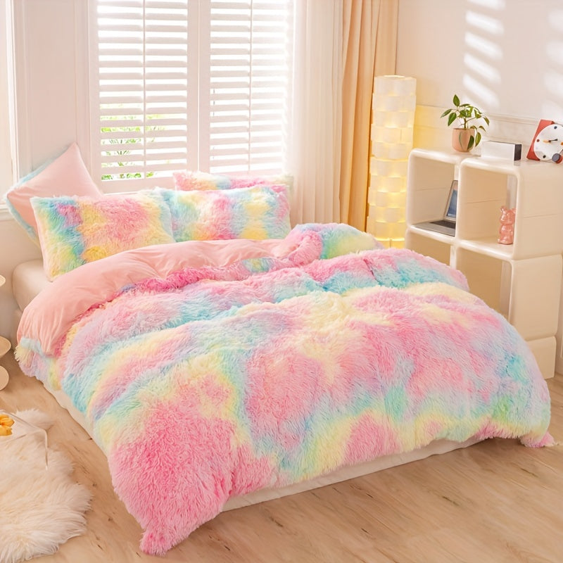 3pcs Y2K Tie Dye Plush Duvet Cover Set ( 1 Duvet Cover + 2 Pillowcase), Soft & Warm Bedding Set