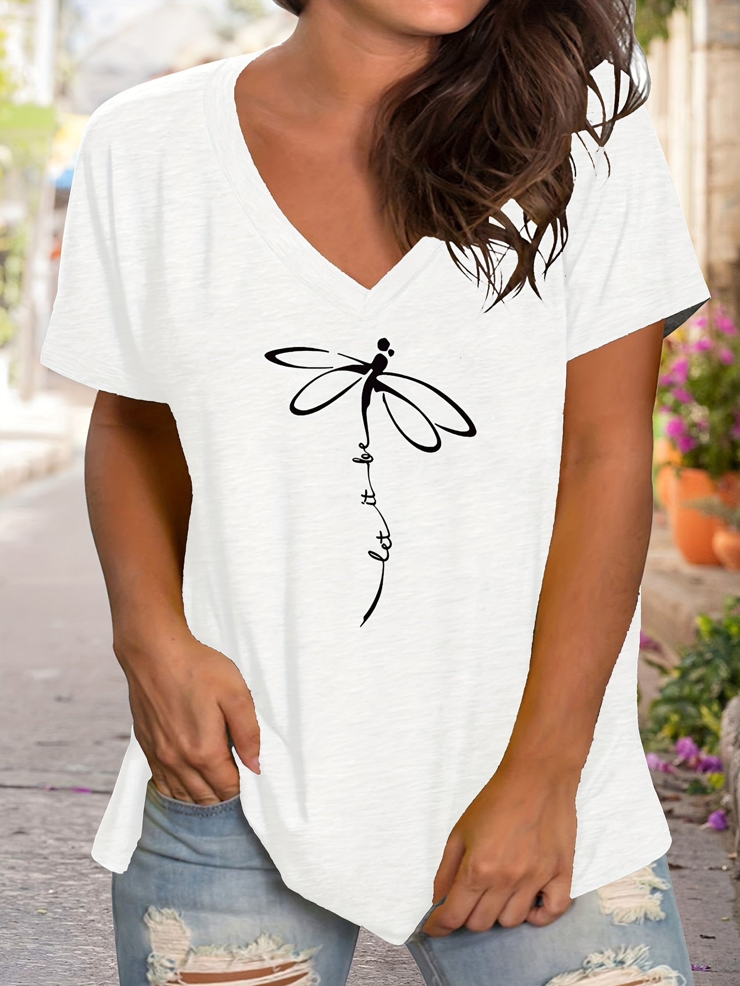 Plus Size Women's Relaxed Fit Graphic Print Short Sleeve V Neck T-Shirt with Slight Stretch for Comfortable Casual Wear