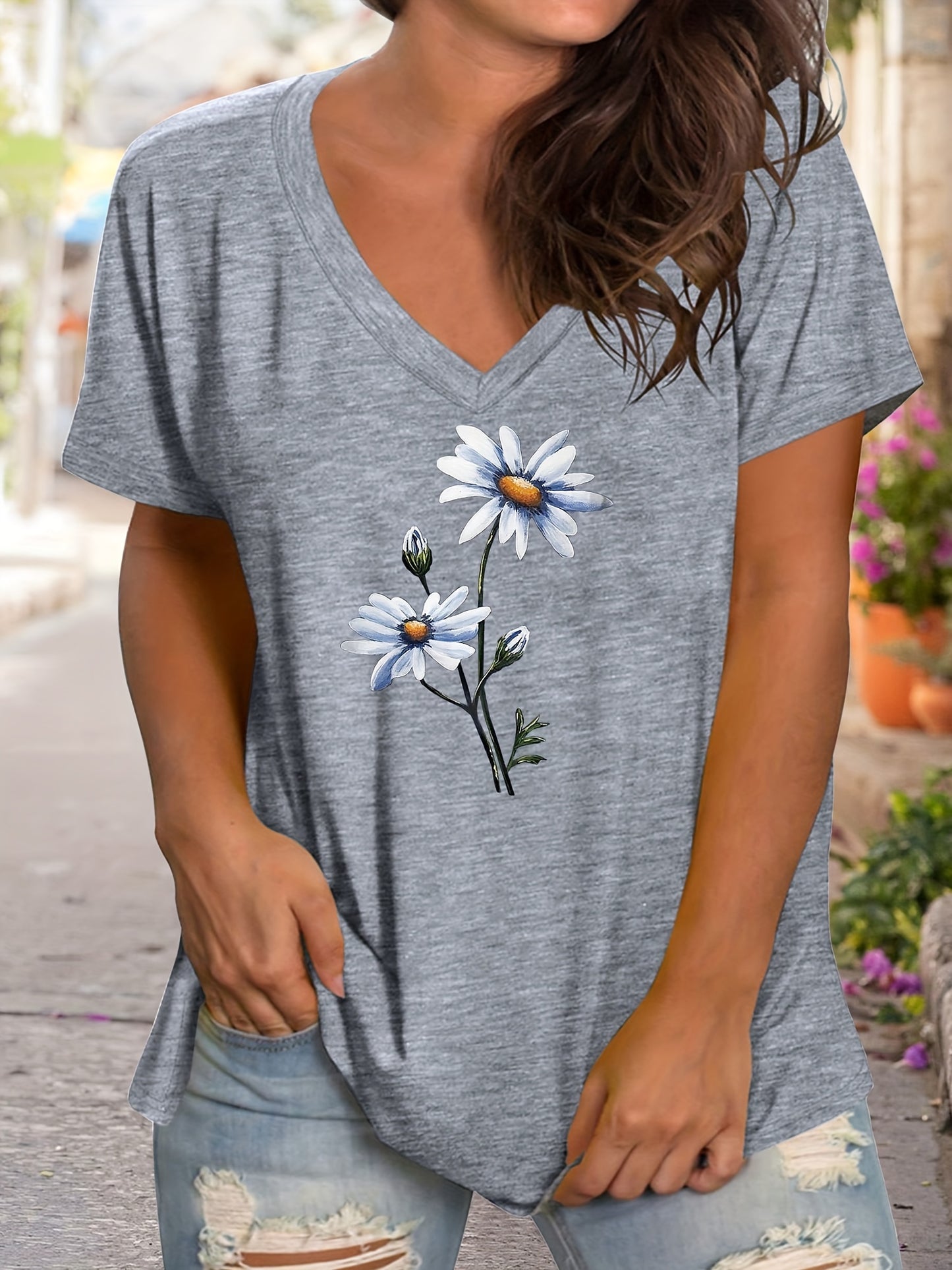 Plus Size Women's Floral Print V Neck Short Sleeve Graphic Tee Casual T-shirt