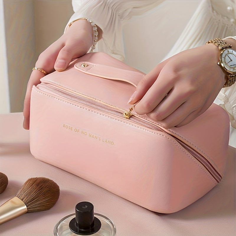 Women's Waterproof PU Leather Cosmetic Bag - Spacious Organizer with Dividers & Handle