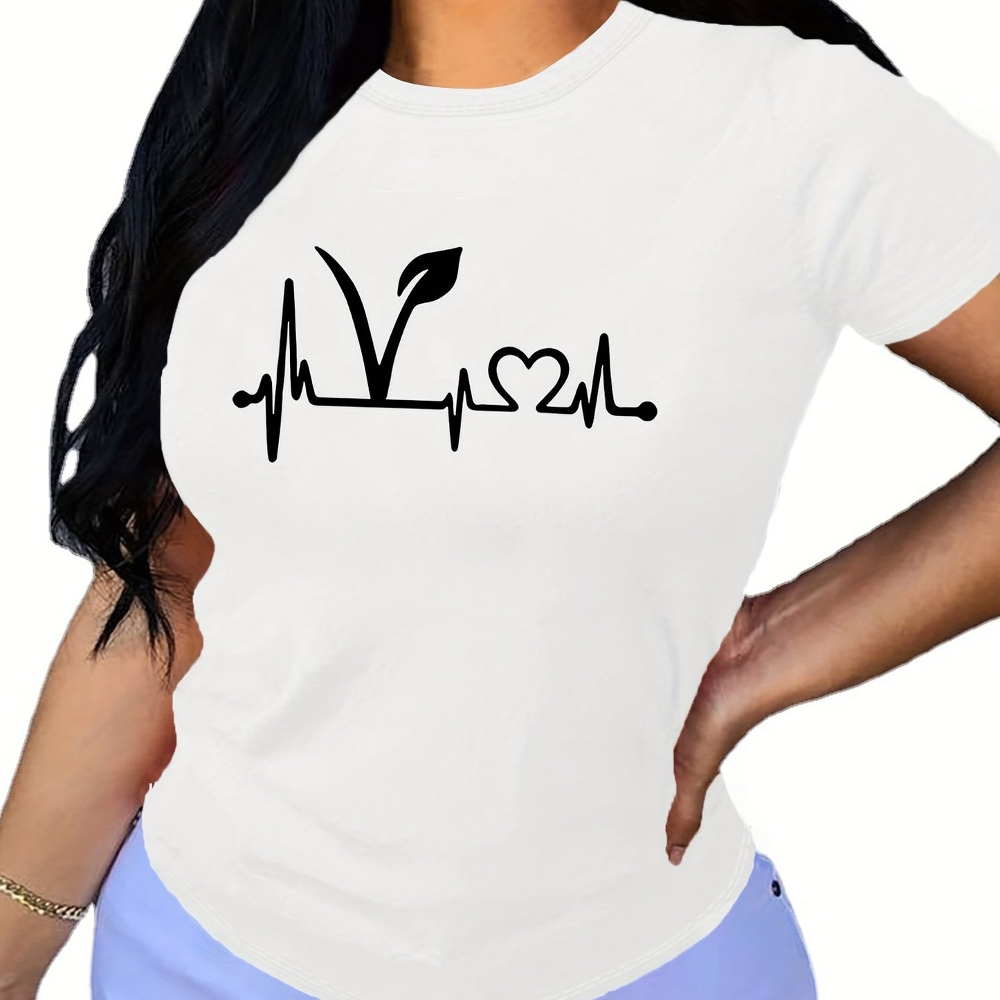 Plant Print Short Sleeve T-Shirt, Crew Neck Casual Top For Summer & Spring, Women's Clothing