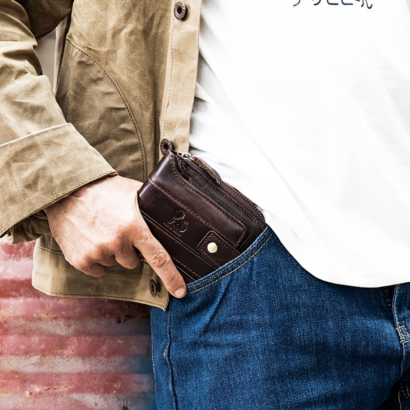 Men's Retro Genuine Leather Multi-Card Wallet with Zip, Large Capacity, Anti-Theft