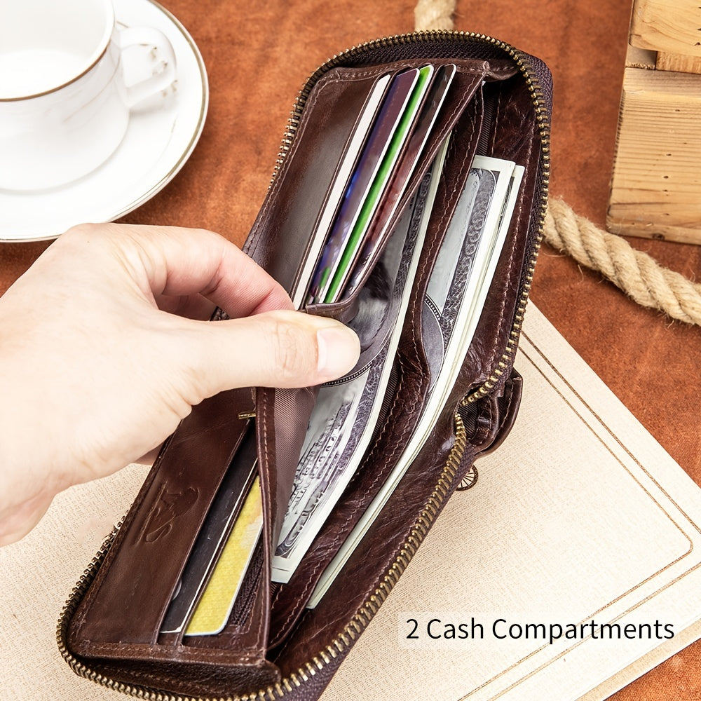 Men's Retro Genuine Leather Multi-Card Wallet with Zip, Large Capacity, Anti-Theft
