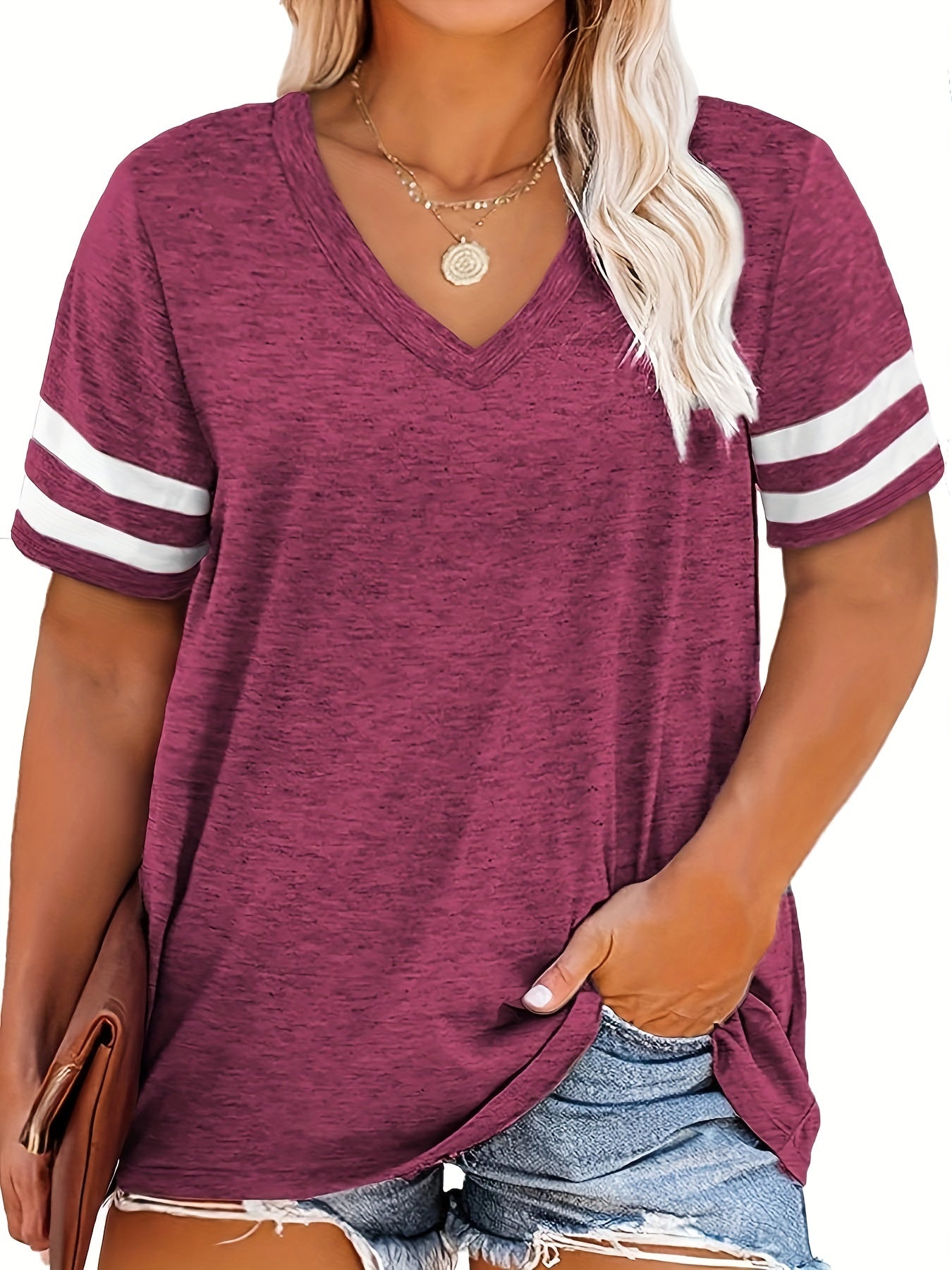 Plus Size V-Neck T-Shirt for Women - Casual & Comfy Short Sleeve Top in Heather Gray with Stripe Detail, Soft Stretch Fabric, Ideal for Casual Attire - Sizes XL to 5XL, Plus Size Shirts