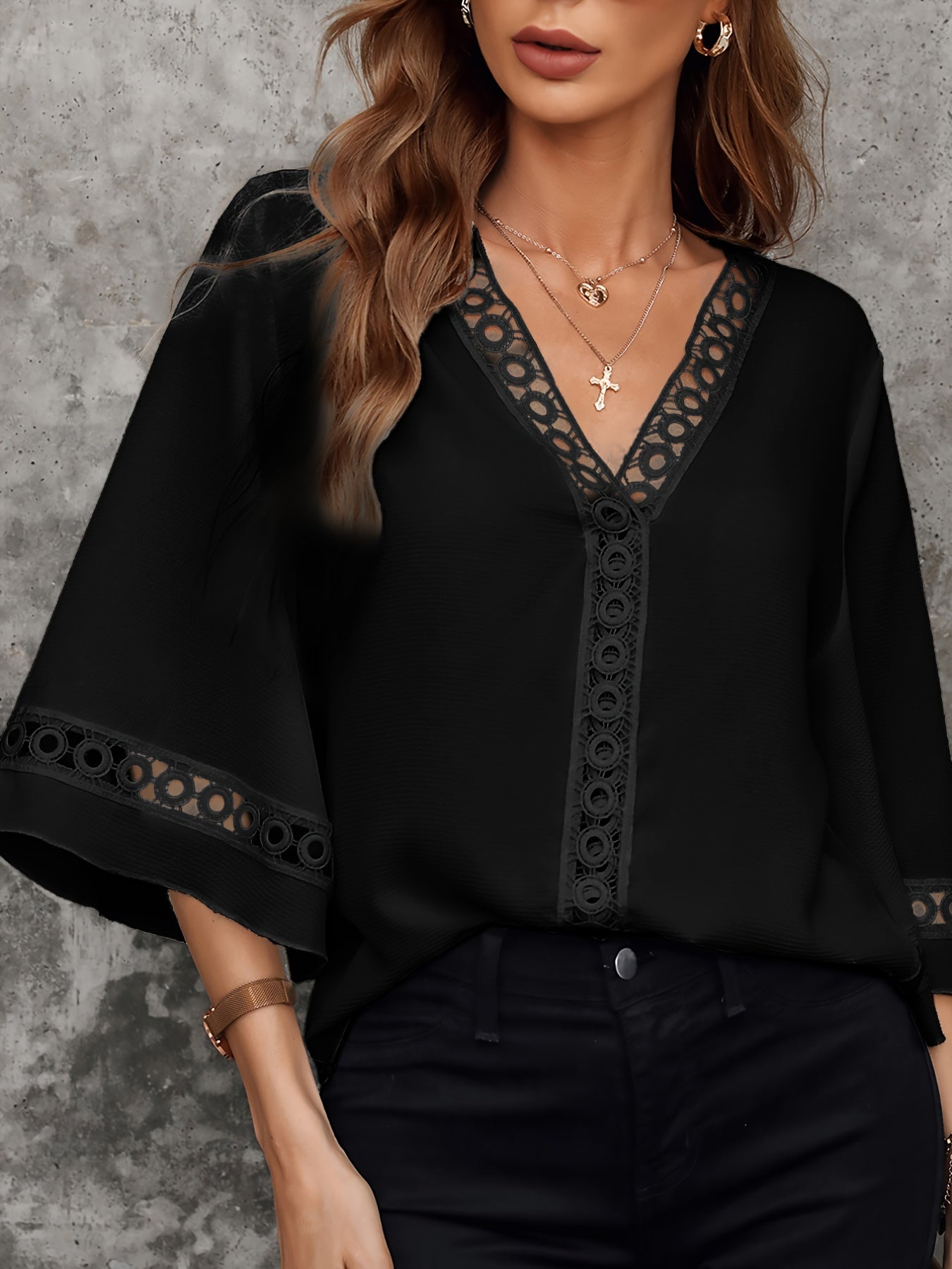 Vibrant 3/4 Sleeve V Neck T-Shirt - Soft Slight Stretch Polyester Fabric, Casual Solid Color Design for Spring & Summer - Regular Length, No Printing, Micro Elasticity, and Woven Construction