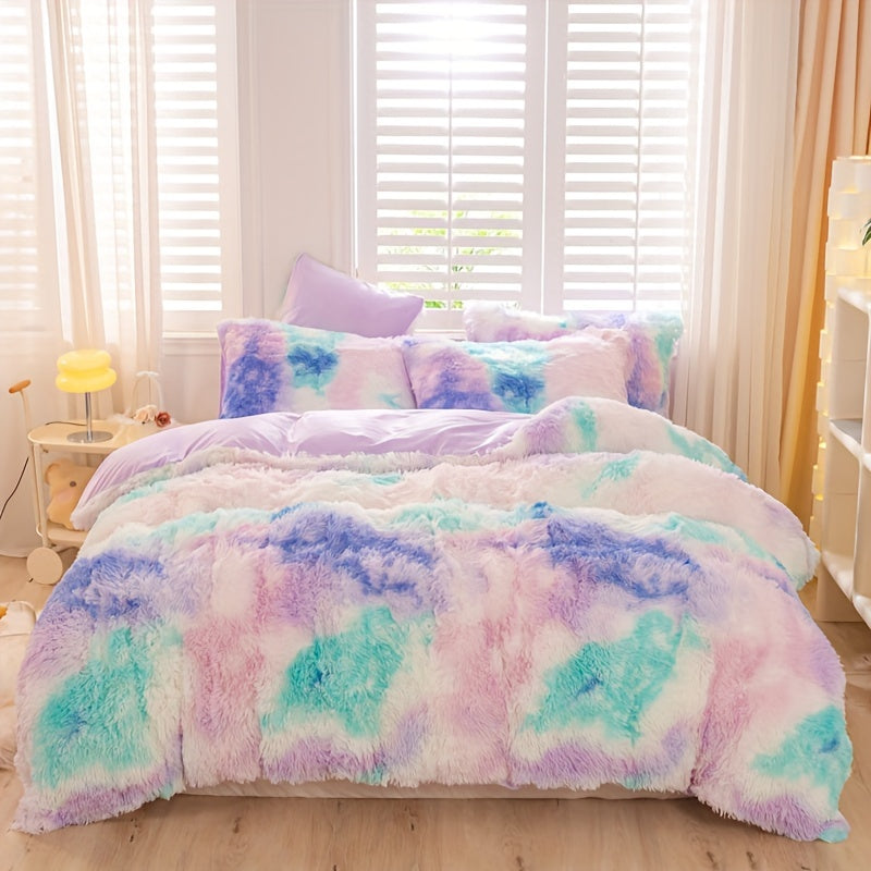 3pcs Y2K Tie Dye Plush Duvet Cover Set ( 1 Duvet Cover + 2 Pillowcase), Soft & Warm Bedding Set