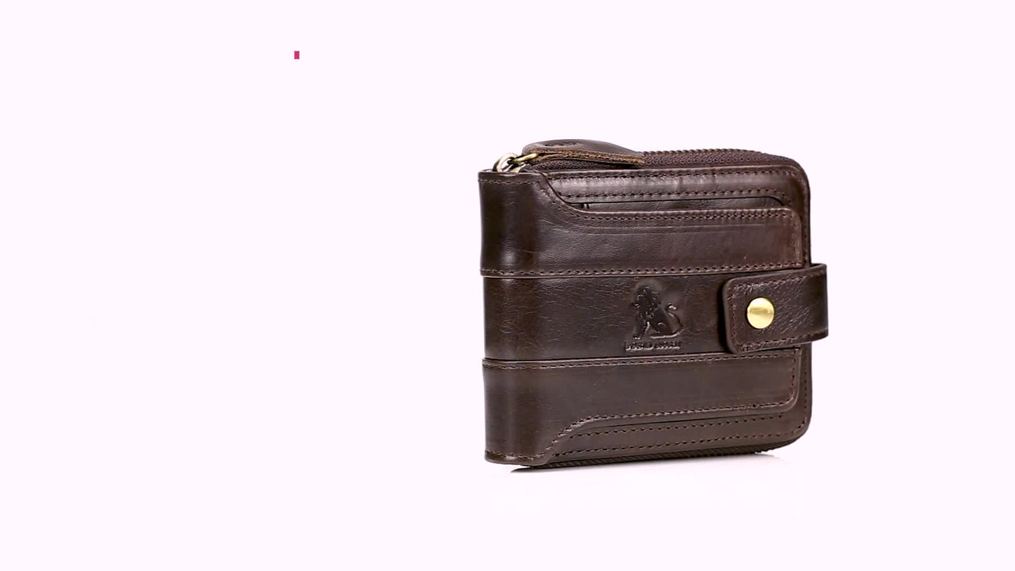 Men's Retro Genuine Leather Multi-Card Wallet with Zip, Large Capacity, Anti-Theft