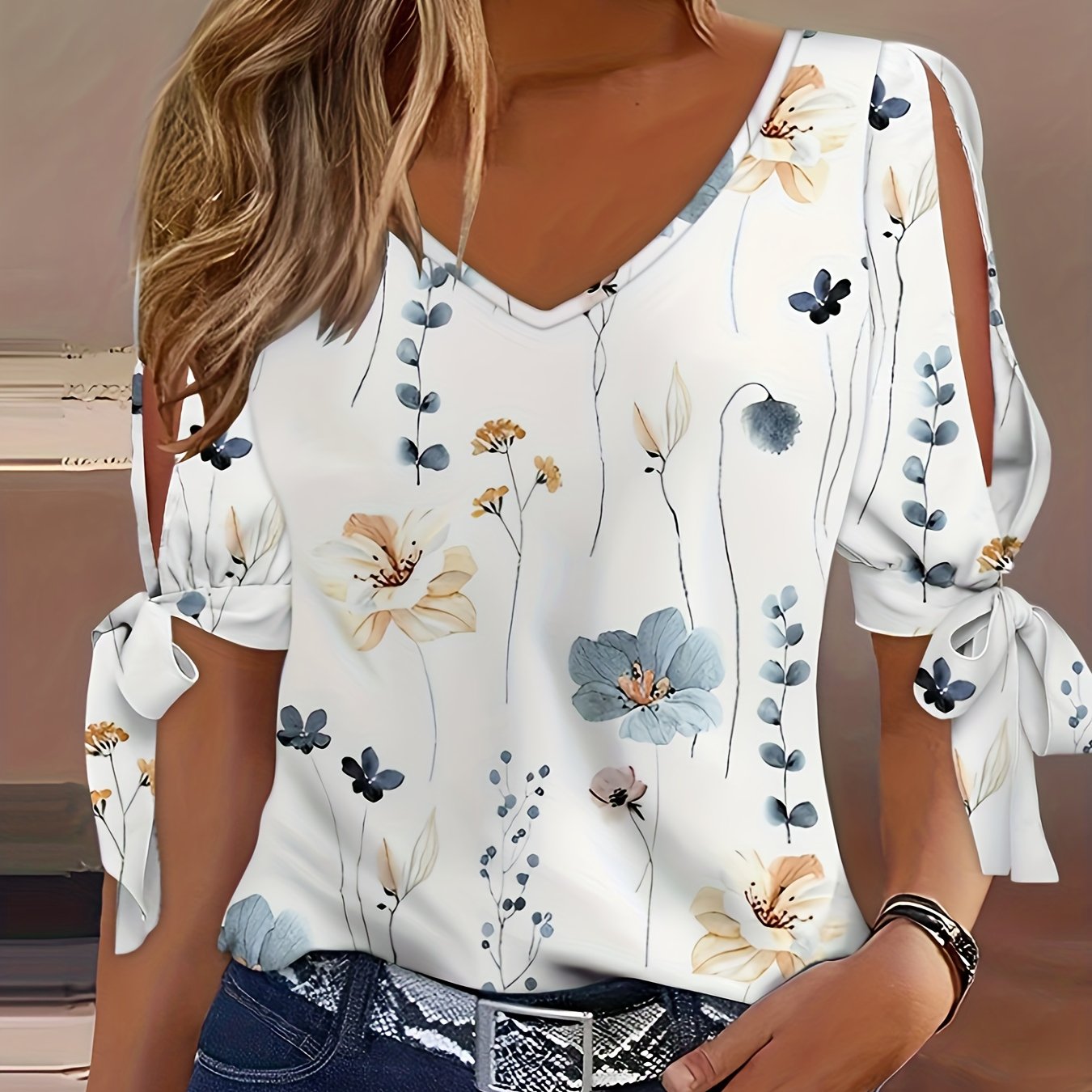 Chic Floral Print Knot Front T-Shirt - Lightweight & Breathable, Feminine V-Neck, Split Short Sleeves - Trendy Casual Wear for Women - A Versatile Seasonless Staple