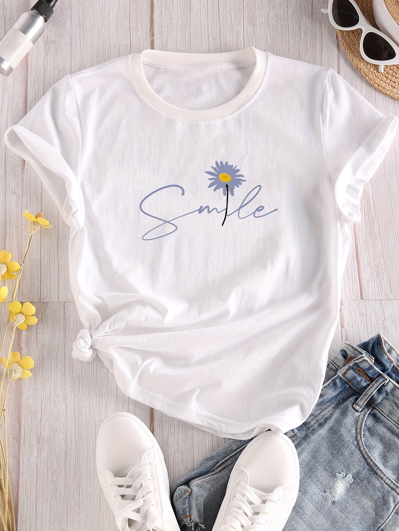 Vibrant Flower & Letter Print Crew Neck T-Shirt - Relaxed Fit, Short Sleeve, Classic Style - Perfect for Spring and Summer, Womens Casual Clothing