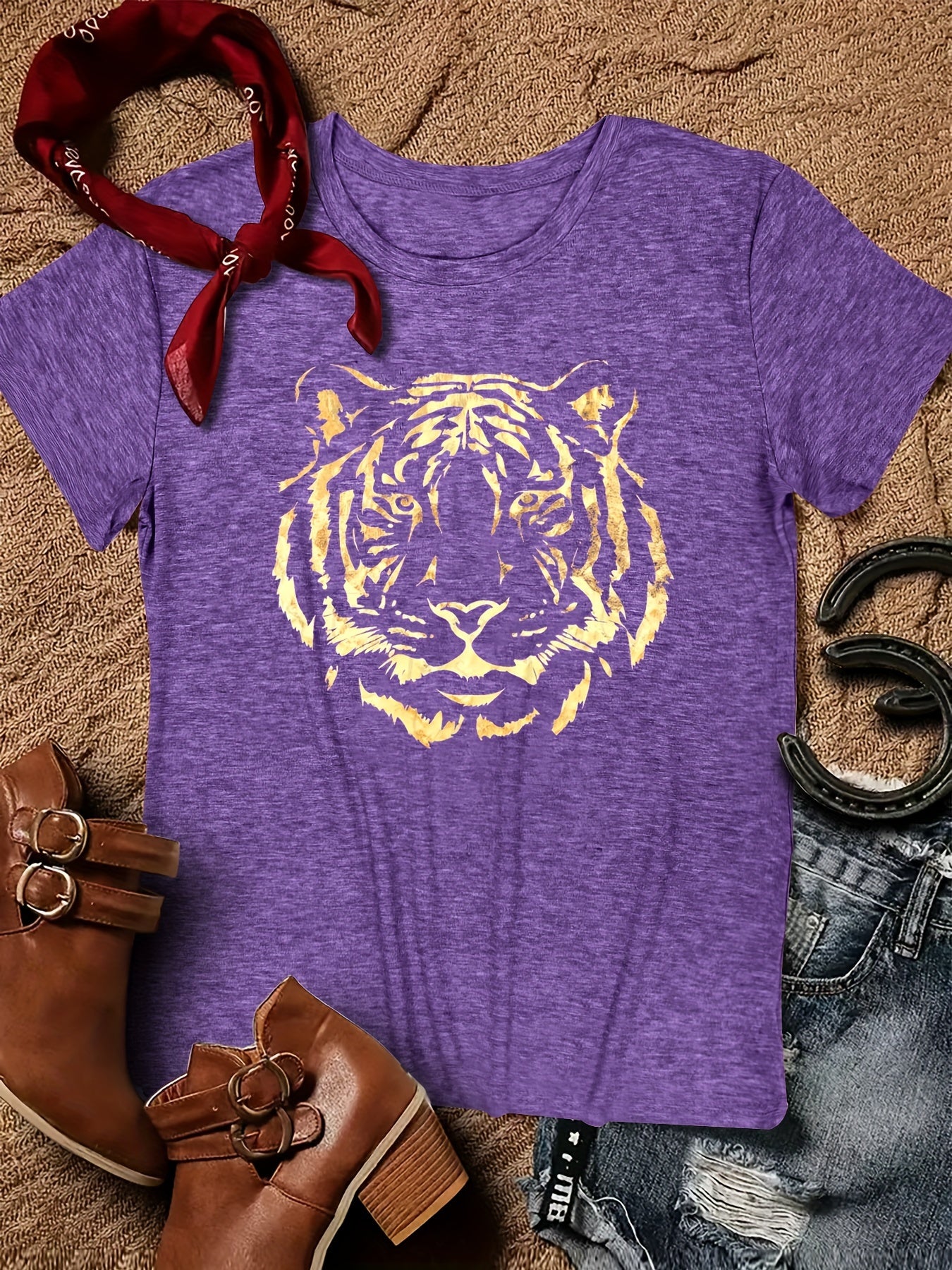 Vibrant Tiger Print Crew Neck T-Shirt - Soft, Breathable, Short Sleeve Top for Spring & Summer - Women's Casual Clothing for Everyday Wear, Relaxed Fit, Perfect for Outdoor Activities
