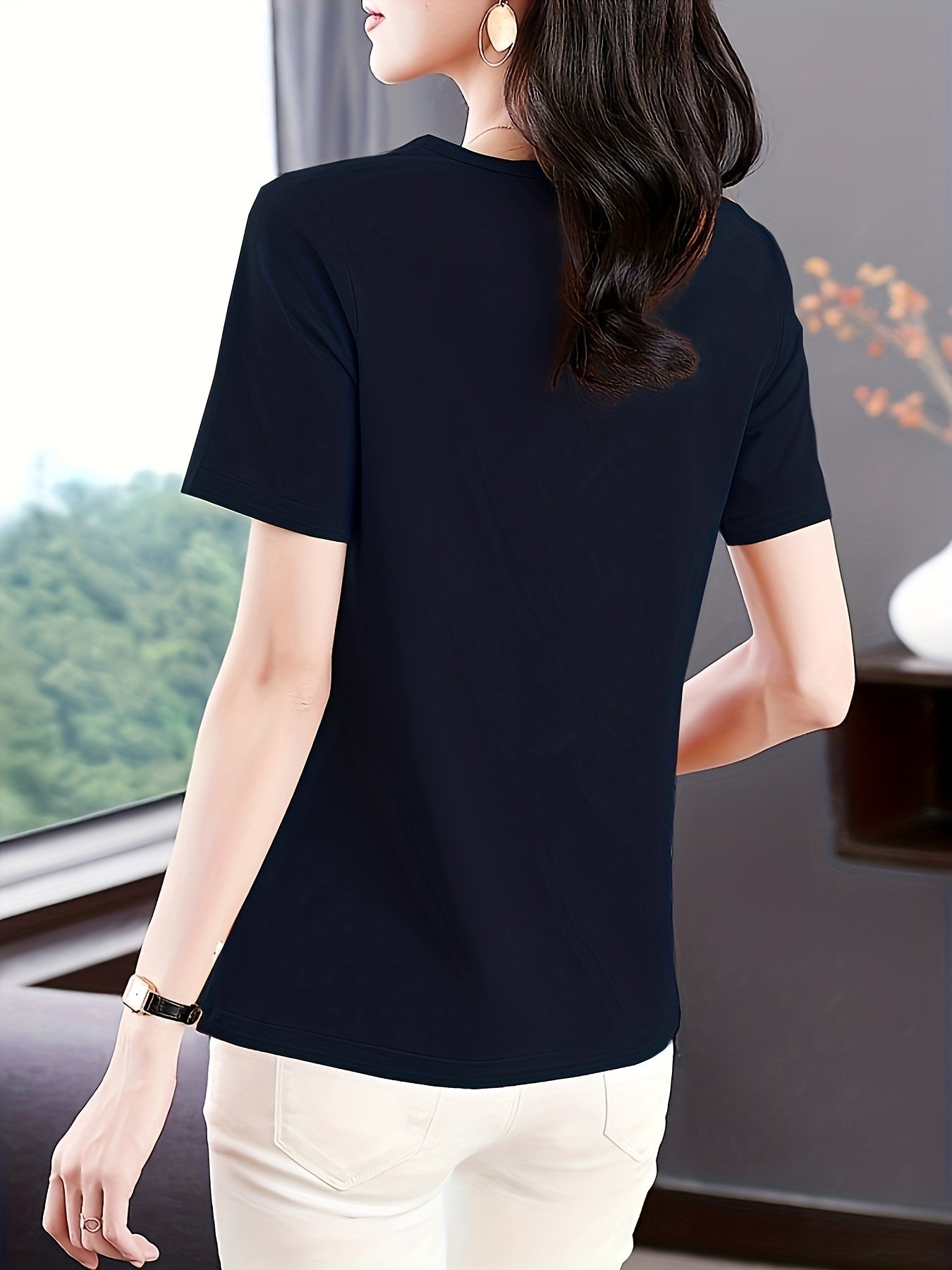 Versatile Crew Neck Solid Color Short Sleeve T-shirt - Soft Polyester Fabric, Classic Casual Style, Regular Length, No Elasticity, No Printing, Suitable for All Seasons - Womens Essential Wardrobe Staple