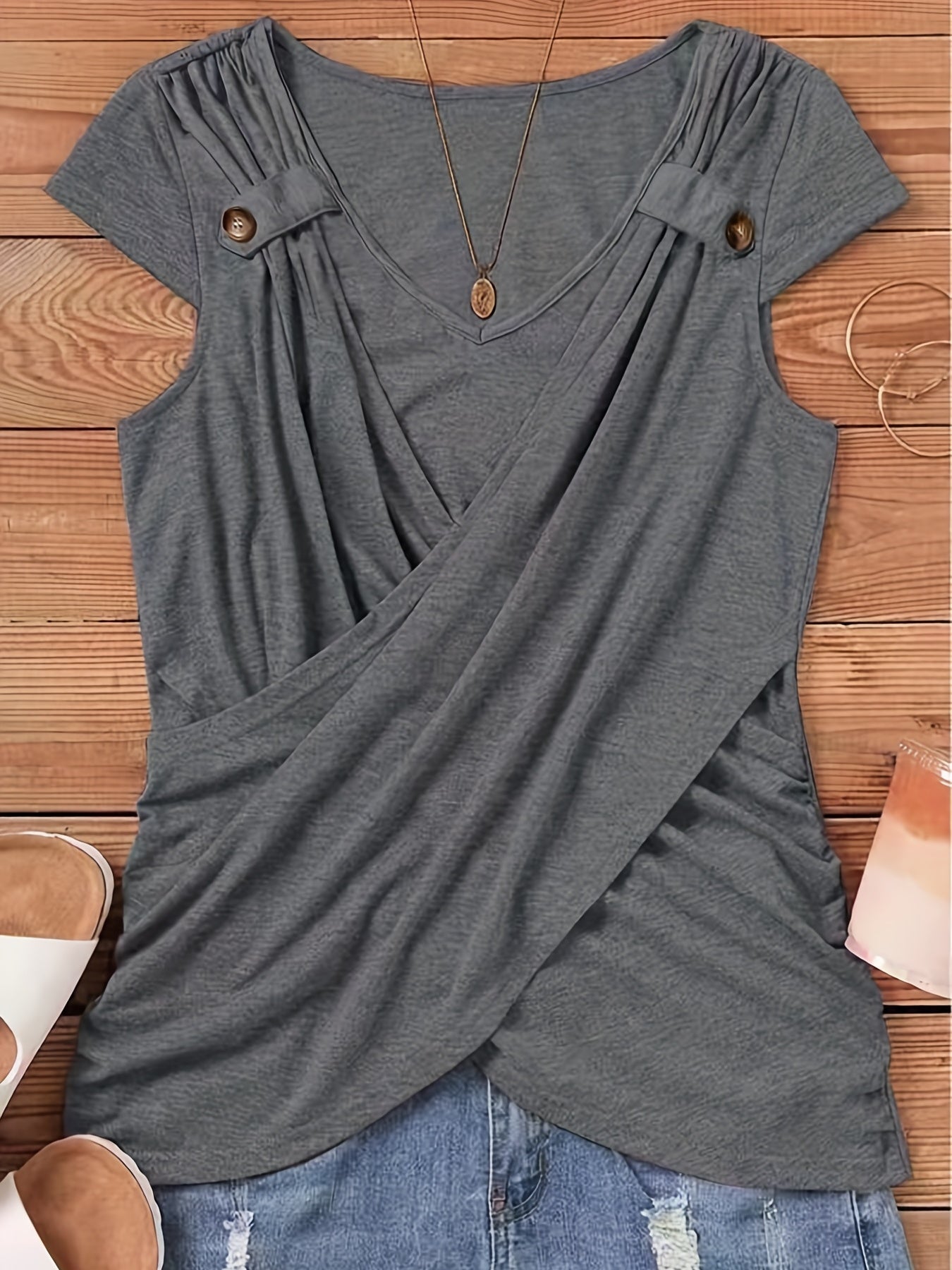 Ruched Button Decor Crew Neck T-Shirt, Casual Short Sleeve Top For Spring & Summer, Women's Clothing