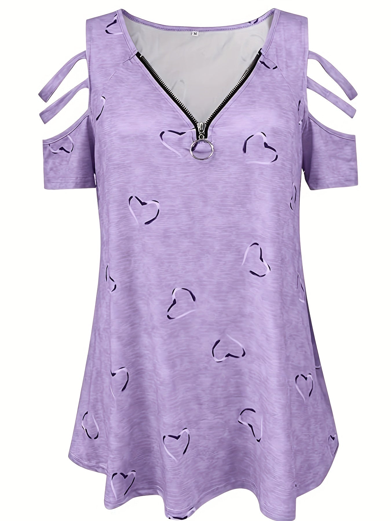 Women's Casual V-Neck Zip-Up T-Shirt with Unique Asymmetrical Geometric Print, Short Sleeves - Lightweight Polyester Blend, Perfect for Spring/Summer/Fall, Autumn Casualwear | Vneck Top | Smooth Fabric