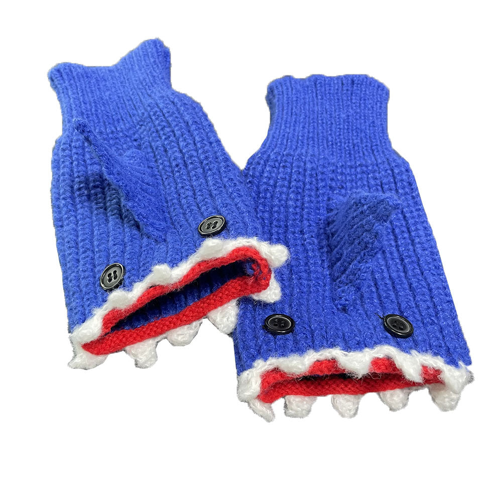 1pair Funny Handmade Shark Gloves - Wool Winter Warm Half-finger Gloves for Christmas Gifts