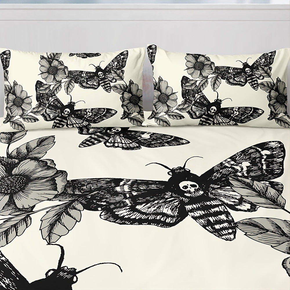 3pcs/set Death's Head Moth and Flower Duvet Cover Set - Soft, Cozy, and Comfortable Bedding with 1pc Duvet Cover and 2pcs Pillowcases for a Peaceful Sleep