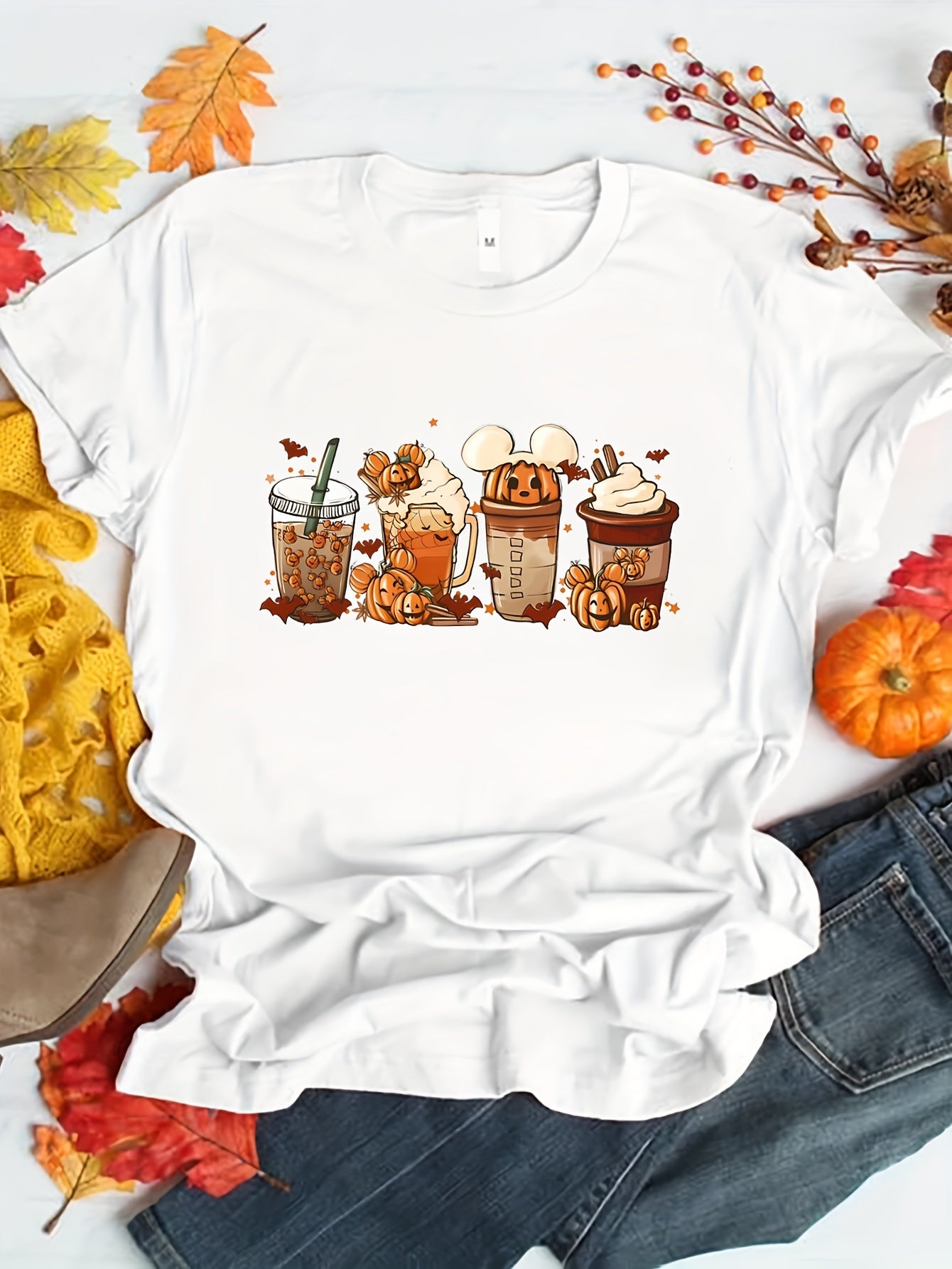 Halloween Drinking Print Summer T-shirt, Casual Short Sleeve Crew Neck Tee, Women's Clothing