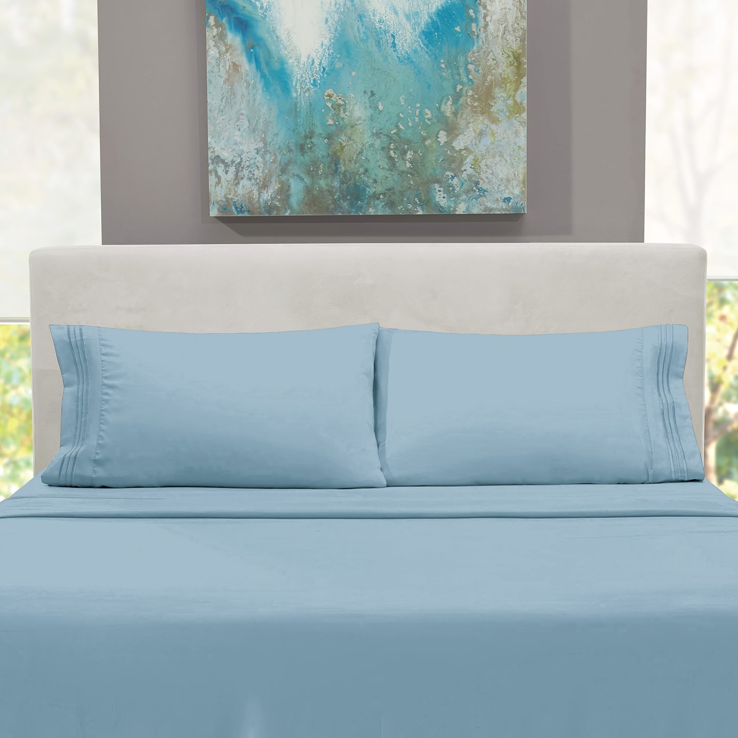 3/4pcs Gray Blue Embroidered Chemical Fiber Bed Sheet Kit