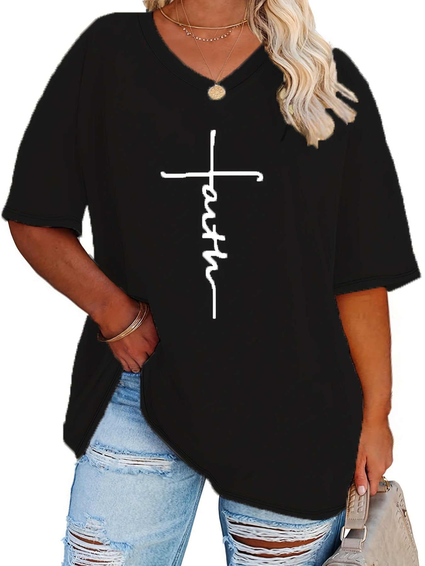 Plus Size Womens V Neck Casual T-shirt - Soft Slight Stretch Polyester Fabric, Alphabets Letter Print, Short Sleeve, Machine Washable - Perfect for Summer