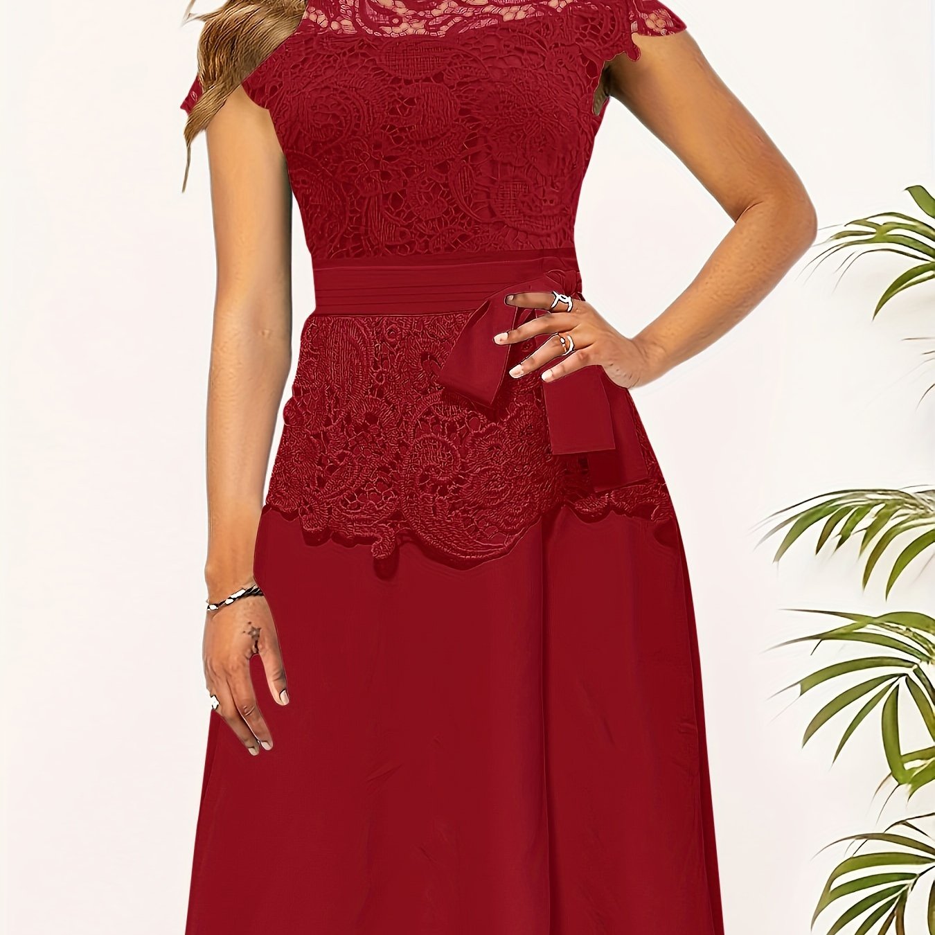 Women's Elegant Contrast Lace Panel A-Line Dress - Round Neck Short Sleeve Flared Skirt, Machine Washable Solid Black for Spring/Fall Casual & Formal Occasions, Spring Fall Attire, Sophisticated Tailoring