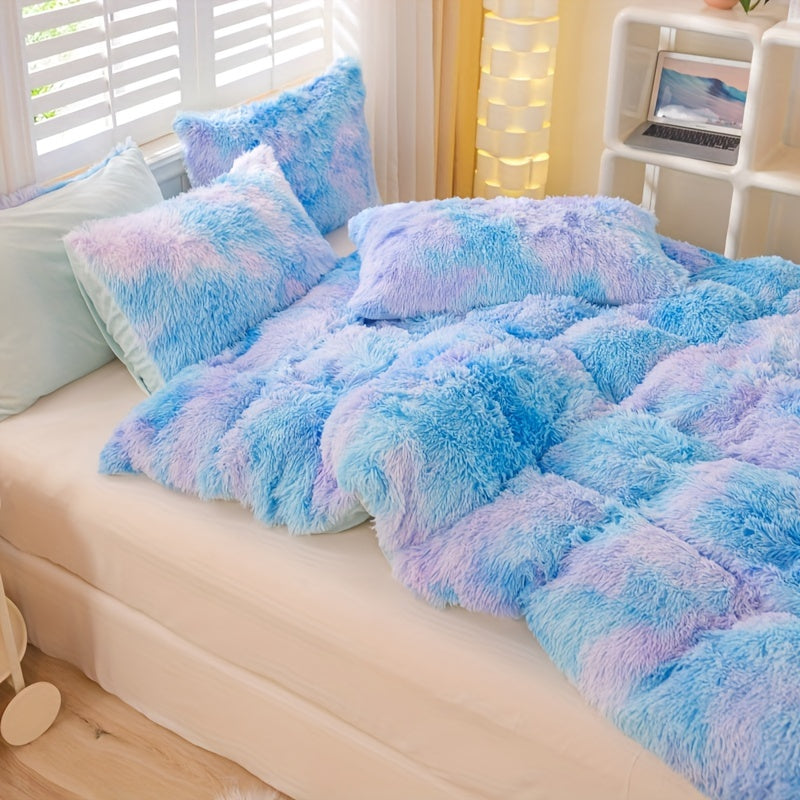 3pcs Y2K Tie Dye Plush Duvet Cover Set ( 1 Duvet Cover + 2 Pillowcase), Soft & Warm Bedding Set