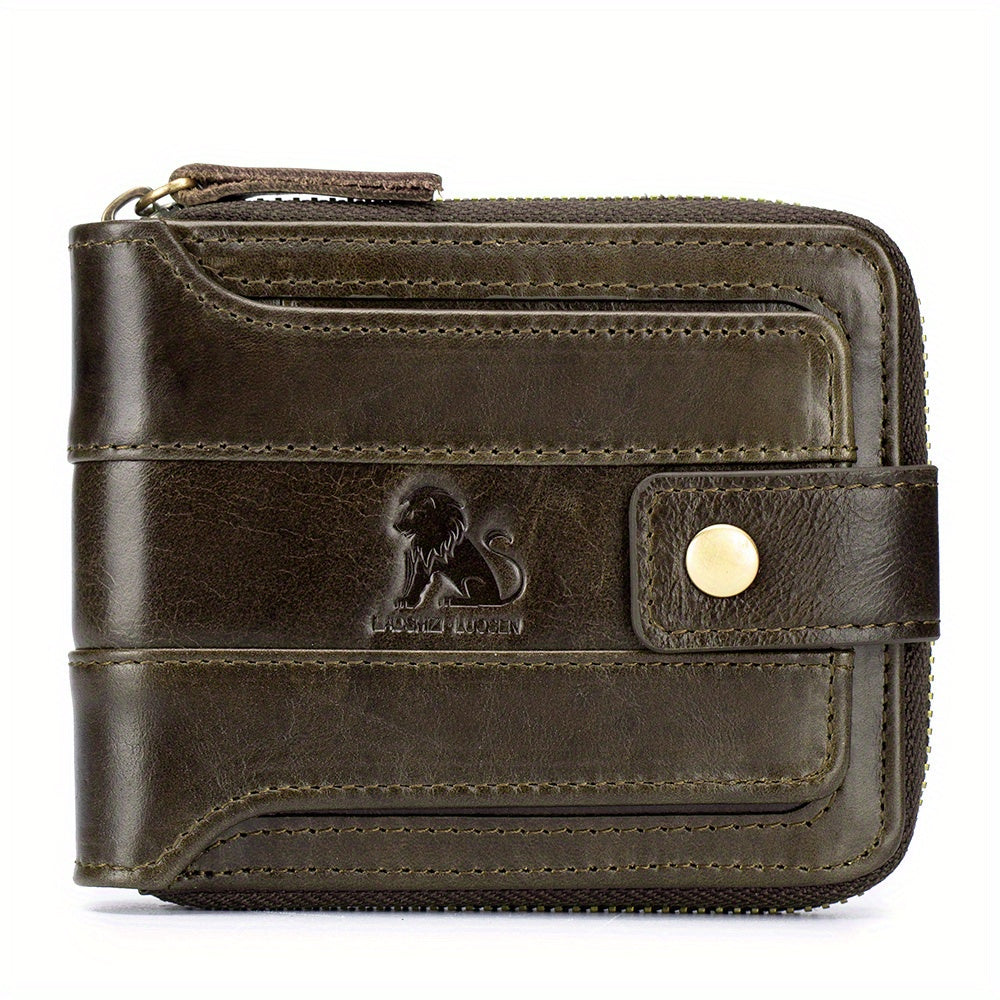 Men's Retro Genuine Leather Multi-Card Wallet with Zip, Large Capacity, Anti-Theft