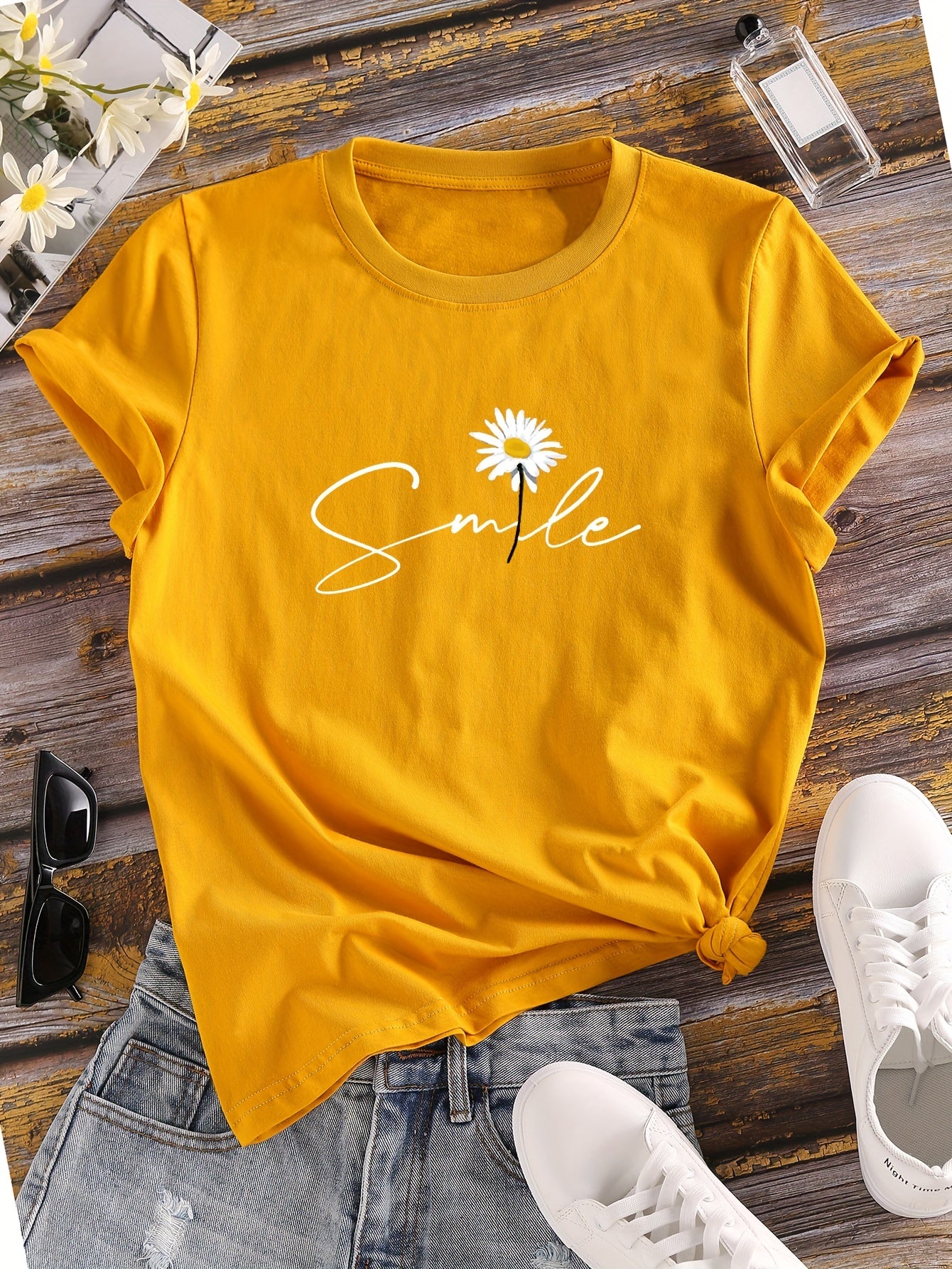 Vibrant Flower & Letter Print Crew Neck T-Shirt - Relaxed Fit, Short Sleeve, Classic Style - Perfect for Spring and Summer, Womens Casual Clothing