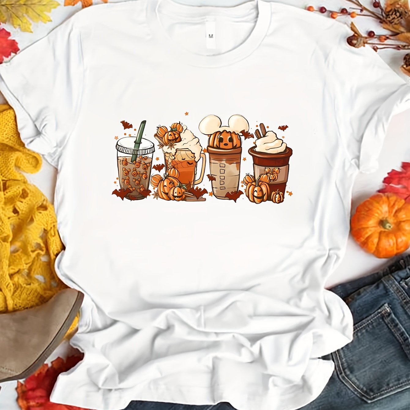 Halloween Drinking Print Summer T-shirt, Casual Short Sleeve Crew Neck Tee, Women's Clothing