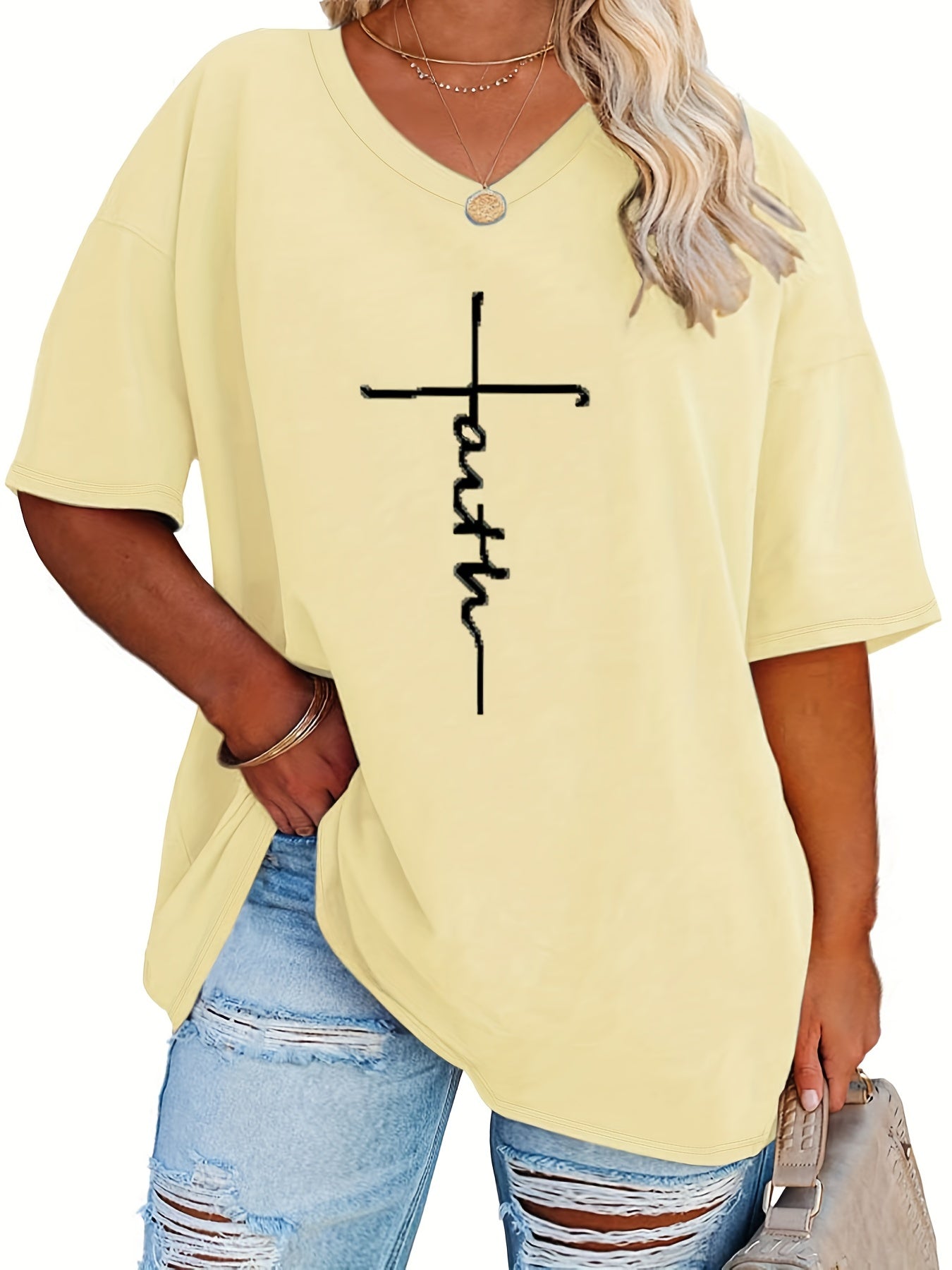 Plus Size Womens V Neck Casual T-shirt - Soft Slight Stretch Polyester Fabric, Alphabets Letter Print, Short Sleeve, Machine Washable - Perfect for Summer