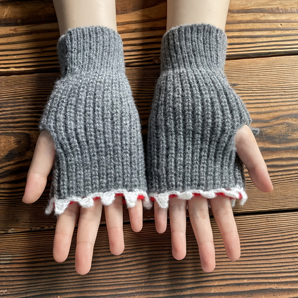 1pair Funny Handmade Shark Gloves - Wool Winter Warm Half-finger Gloves for Christmas Gifts