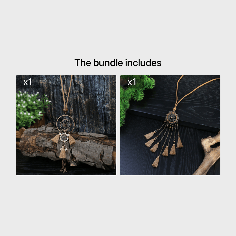 Brown Boho Ladies Pendant Necklace 1 Round Hollow Pendant Set With Rhinestone And Khaki Chain Tassel Jewelry