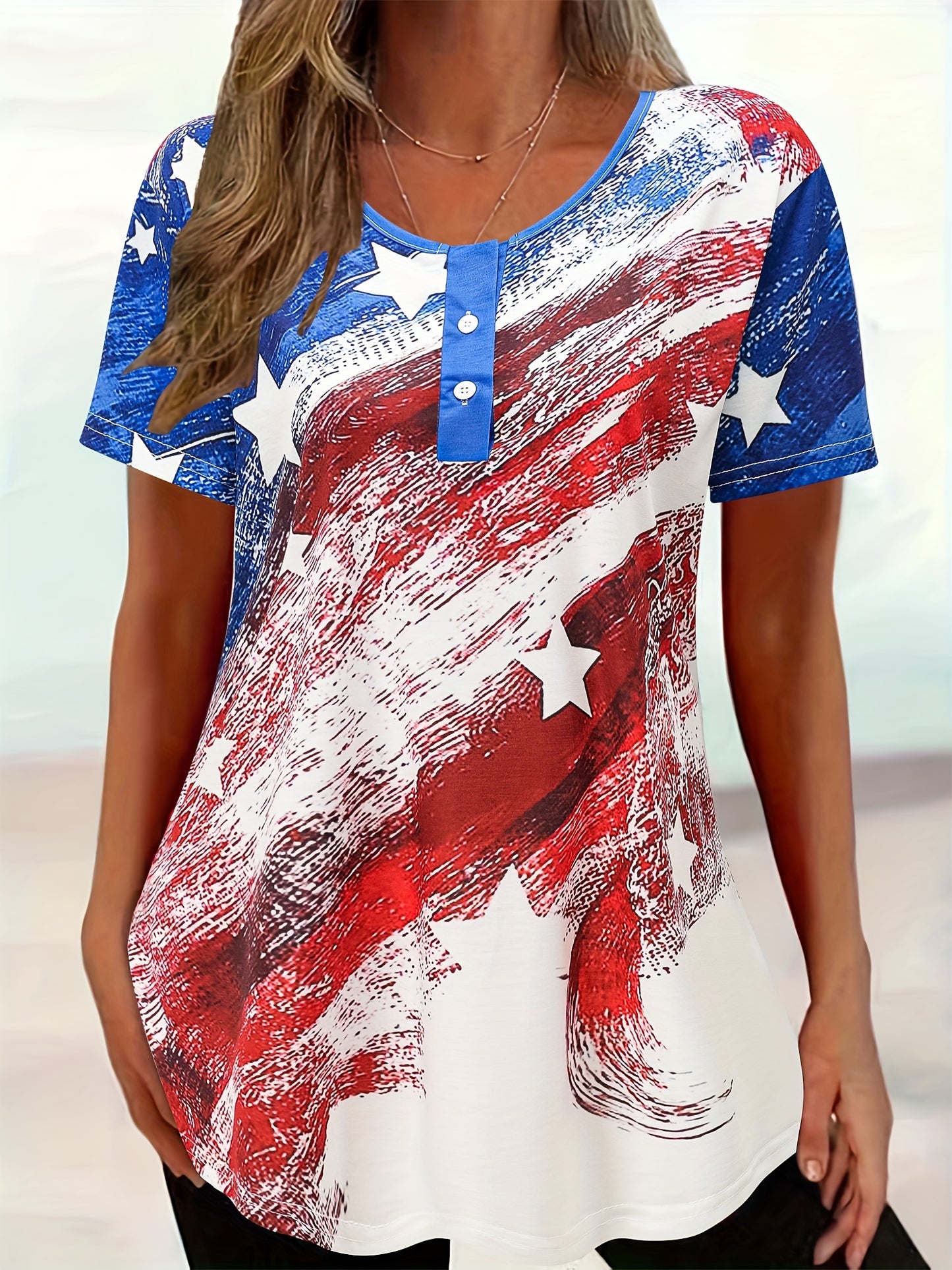 Patriotic Stretch-Cotton T-Shirt - Women's Casual Button-Up, American Flag Print, Perfect for Summer